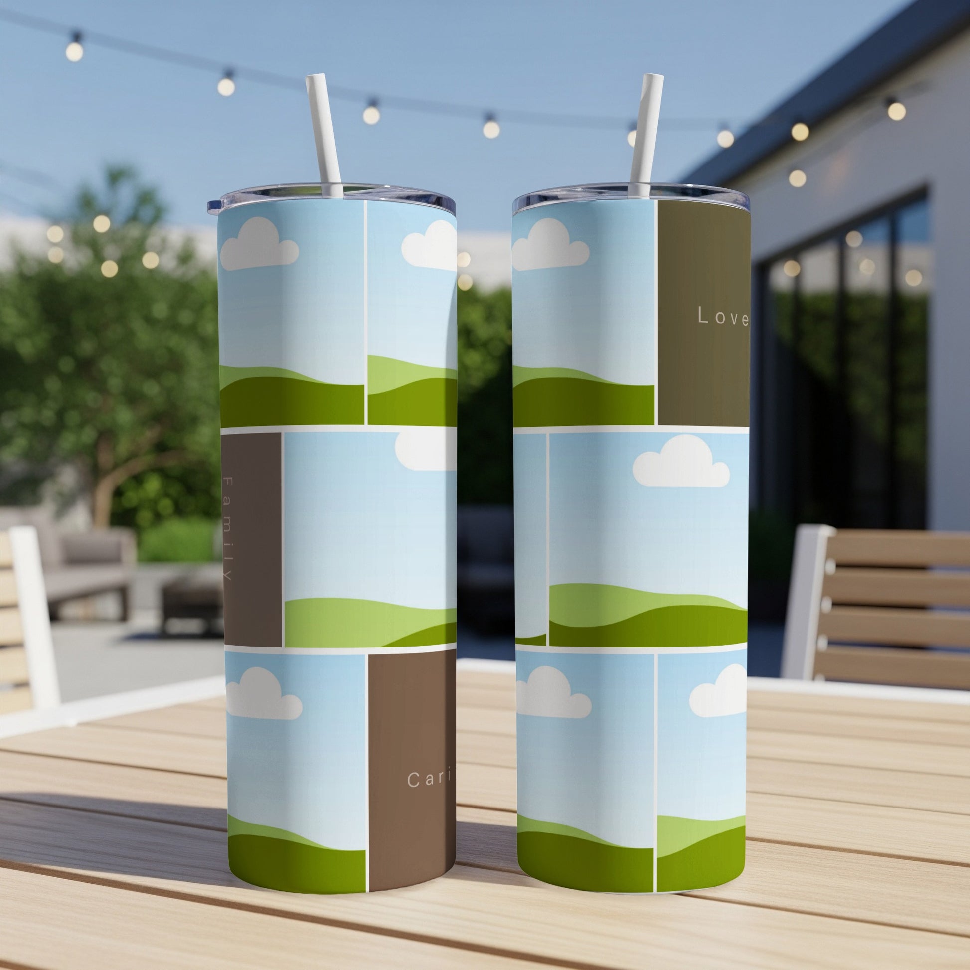 Two tumblers with a collage design featuring landscape scenes and the words "Family", "Love", and "Cari".