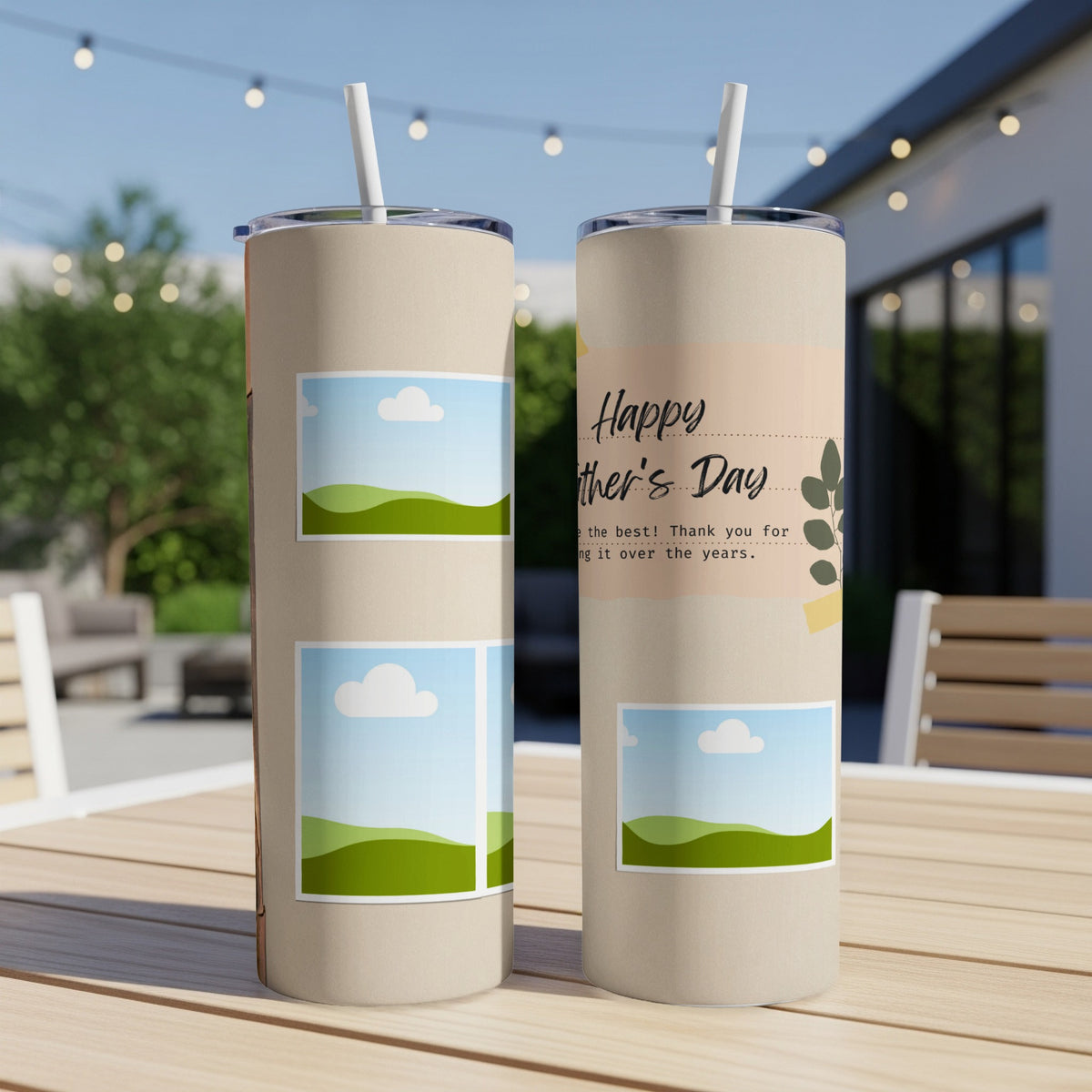 Two tan tumblers with straw, one with "Happy Mother's Day" text.