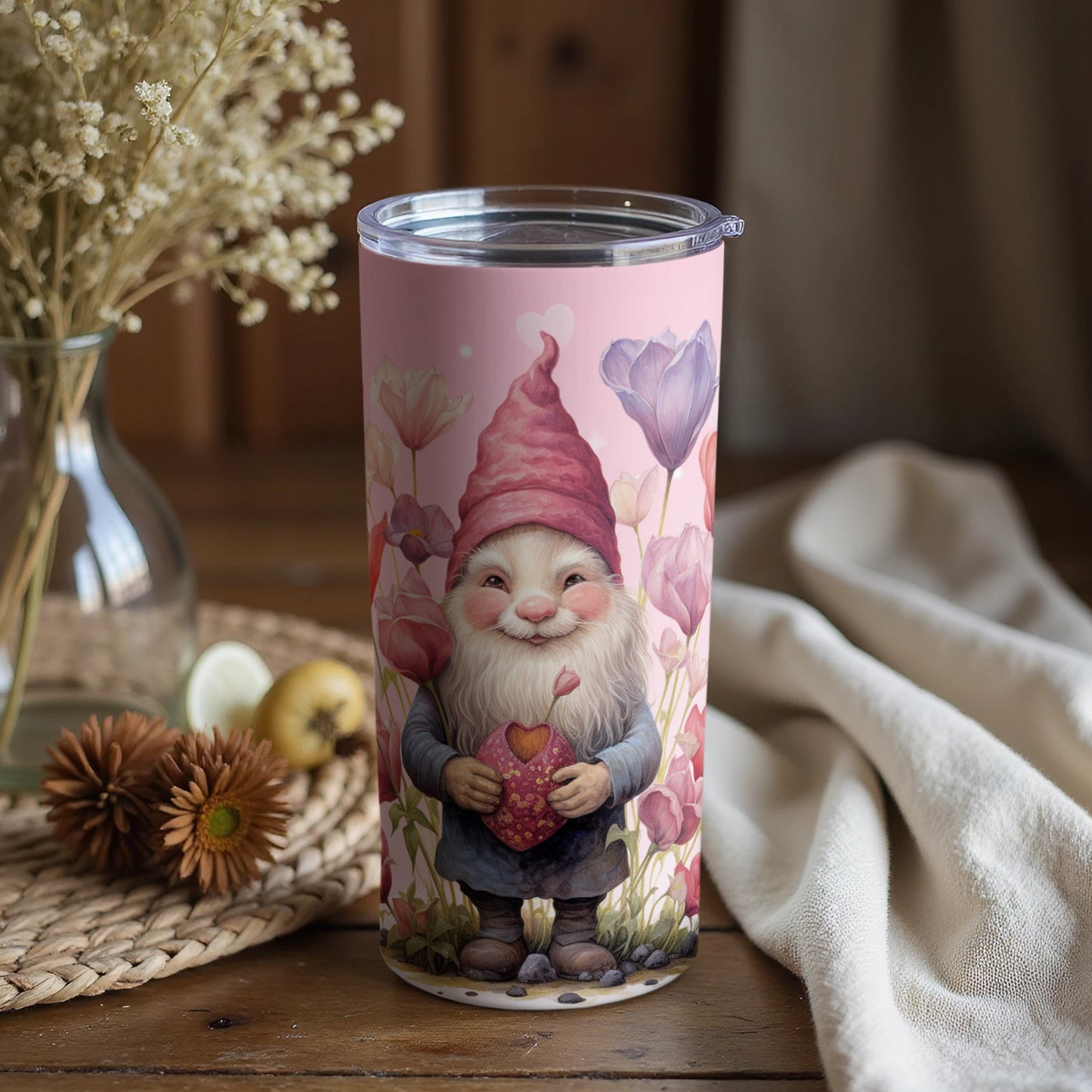 Adorable Gnome Holding Heart Travel Tumbler Cup