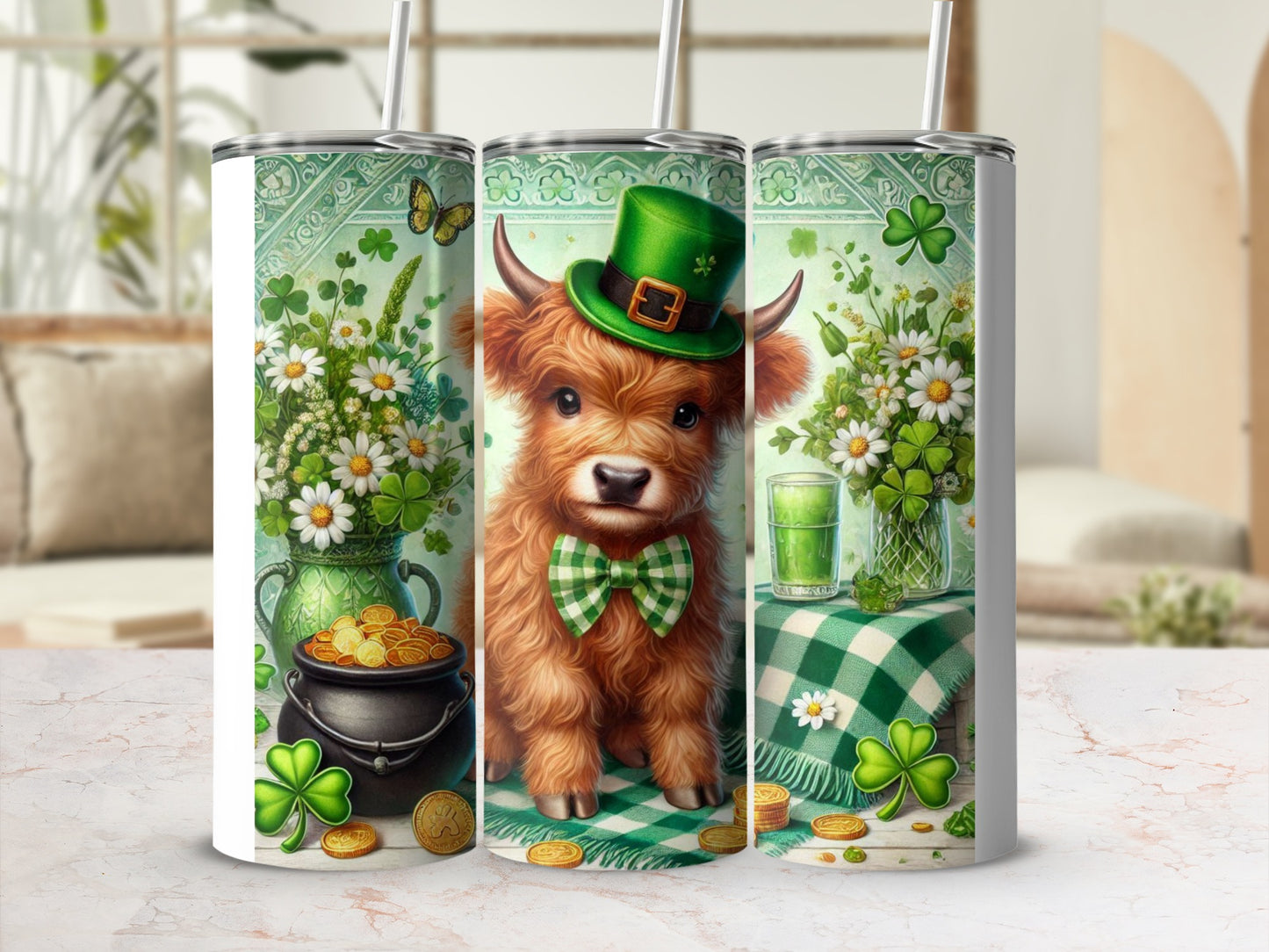 Highland cow wearing a green St. Patrick's Day hat and bowtie, with shamrocks and gold coins.