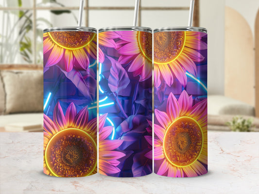 Three tumblers with a sunflower and neon leaf design.