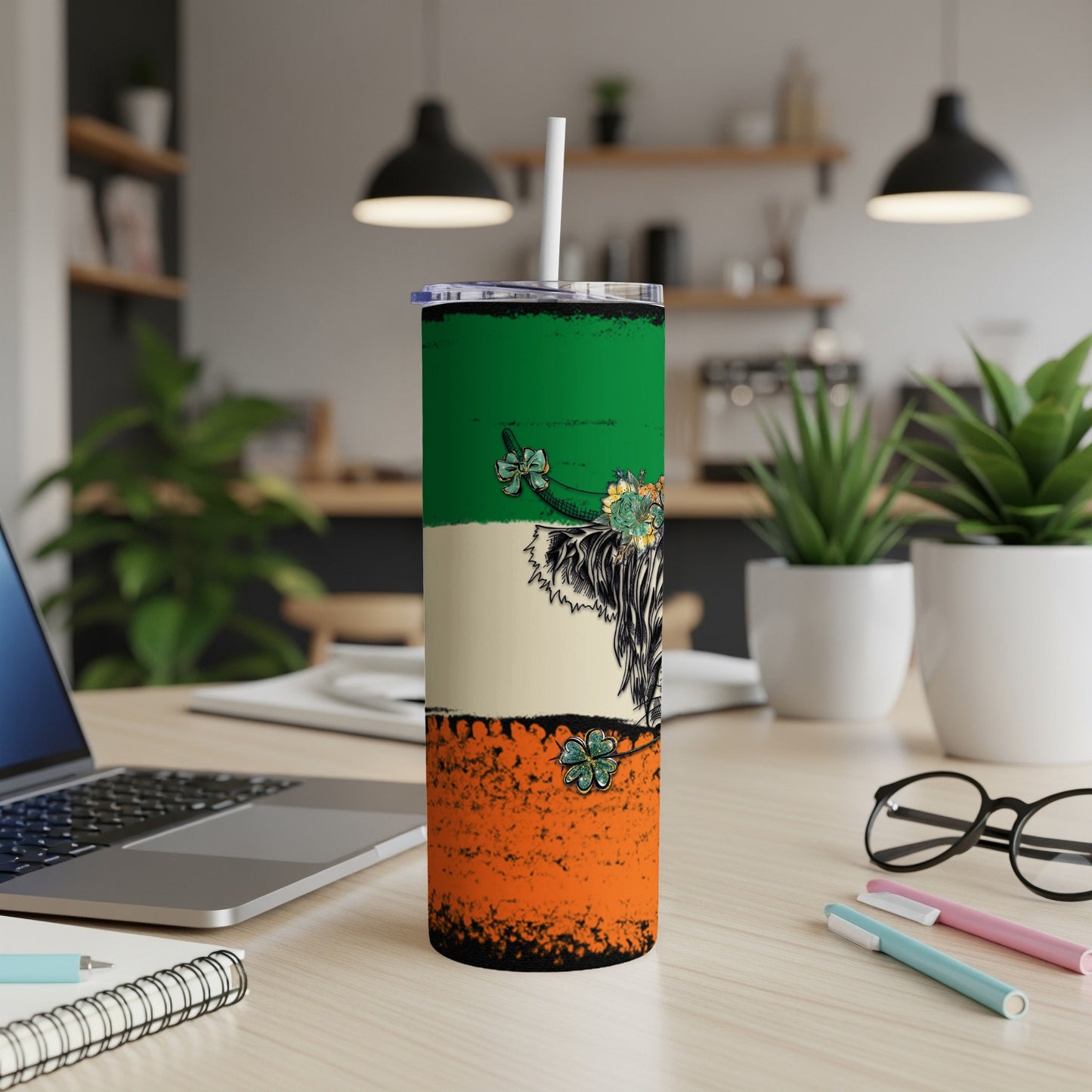 Tall tumbler with Irish flag colors and a black Highland cow graphic.