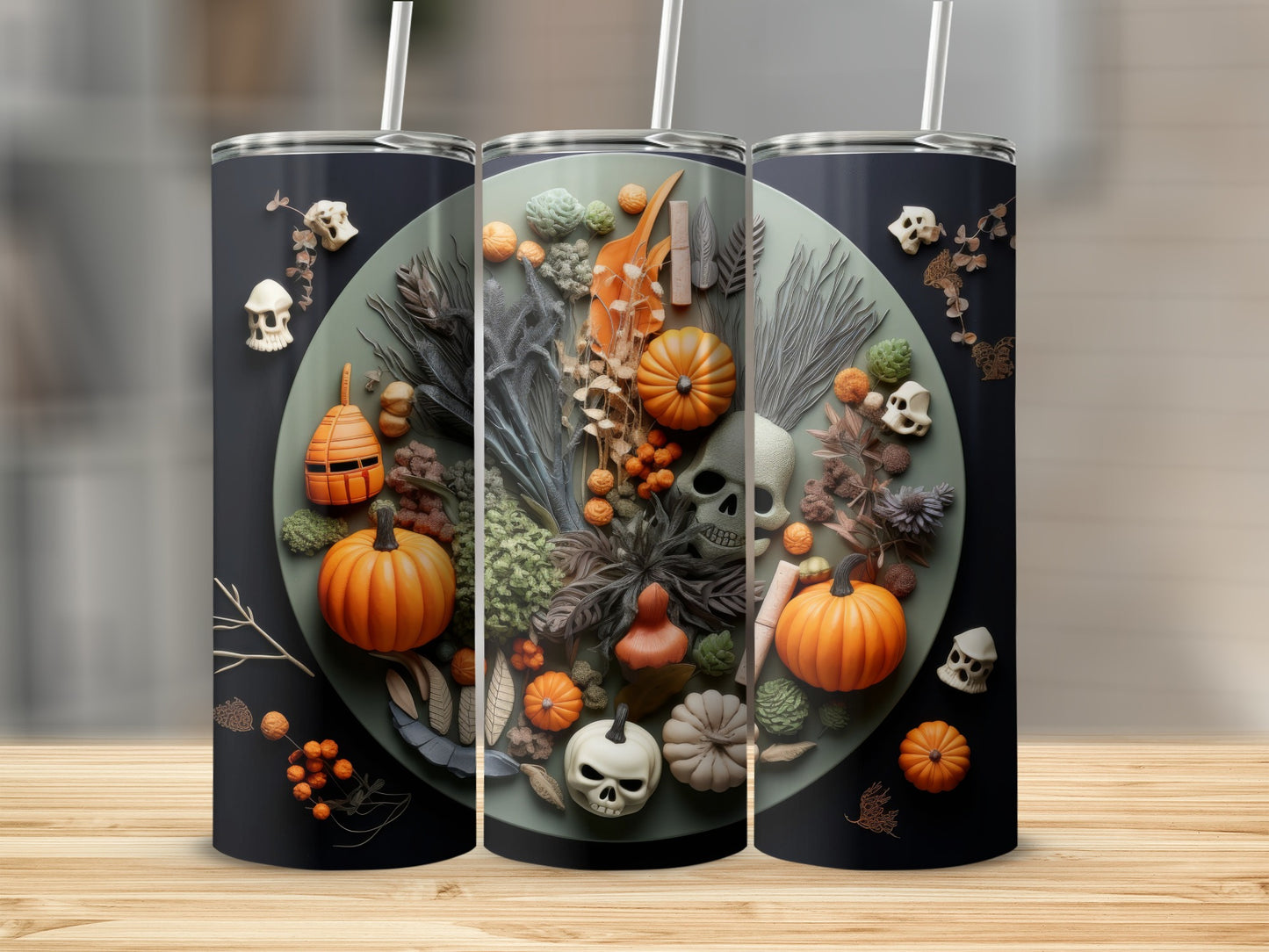 Three tumblers with a dark background featuring pumpkins, skulls, and dried foliage.