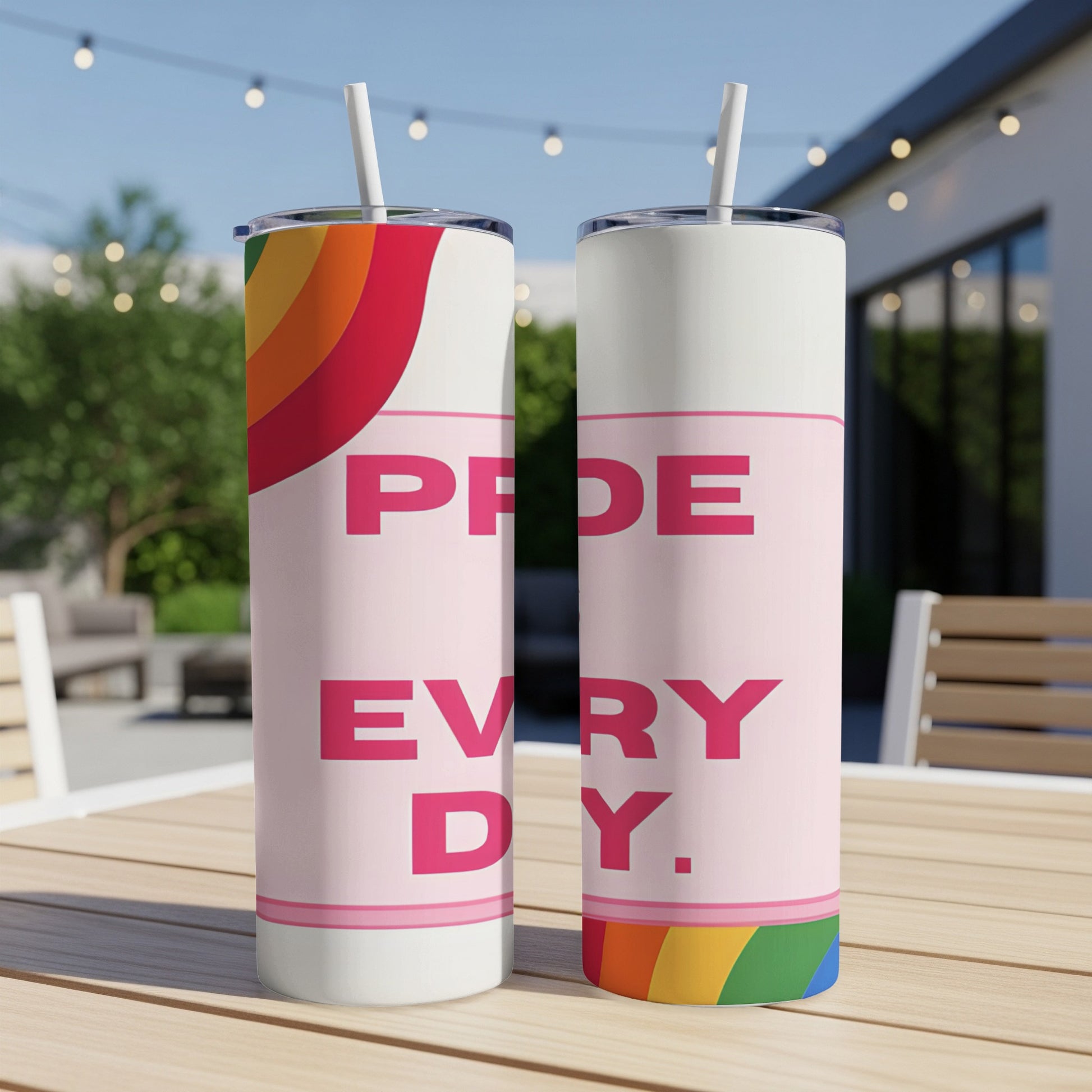 Two tumblers with rainbow stripes and "Pride Every Day" text.