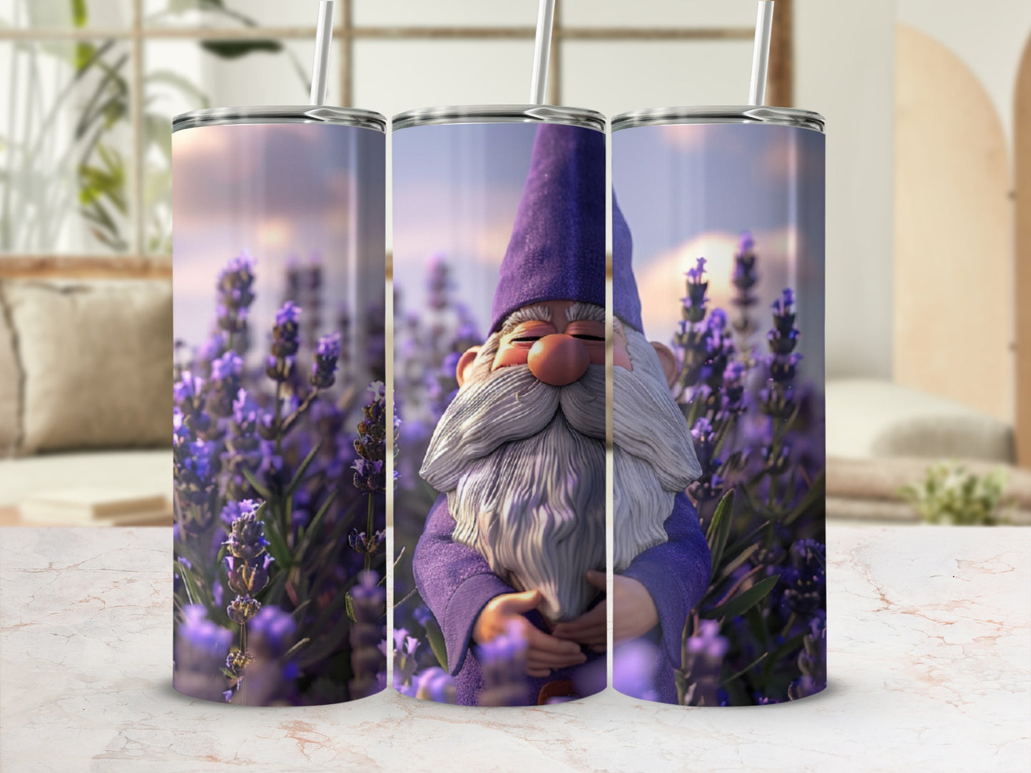 Purple gnome with white beard and hat on lavender field background.