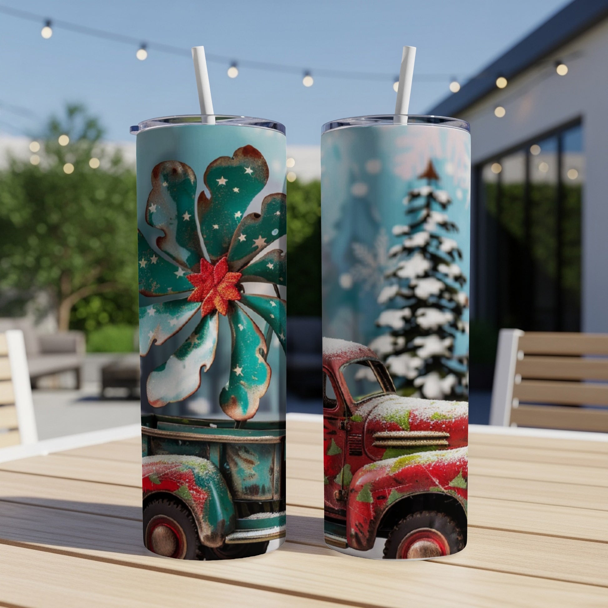 Red vintage truck with snow and Christmas tree design on two tumblers.