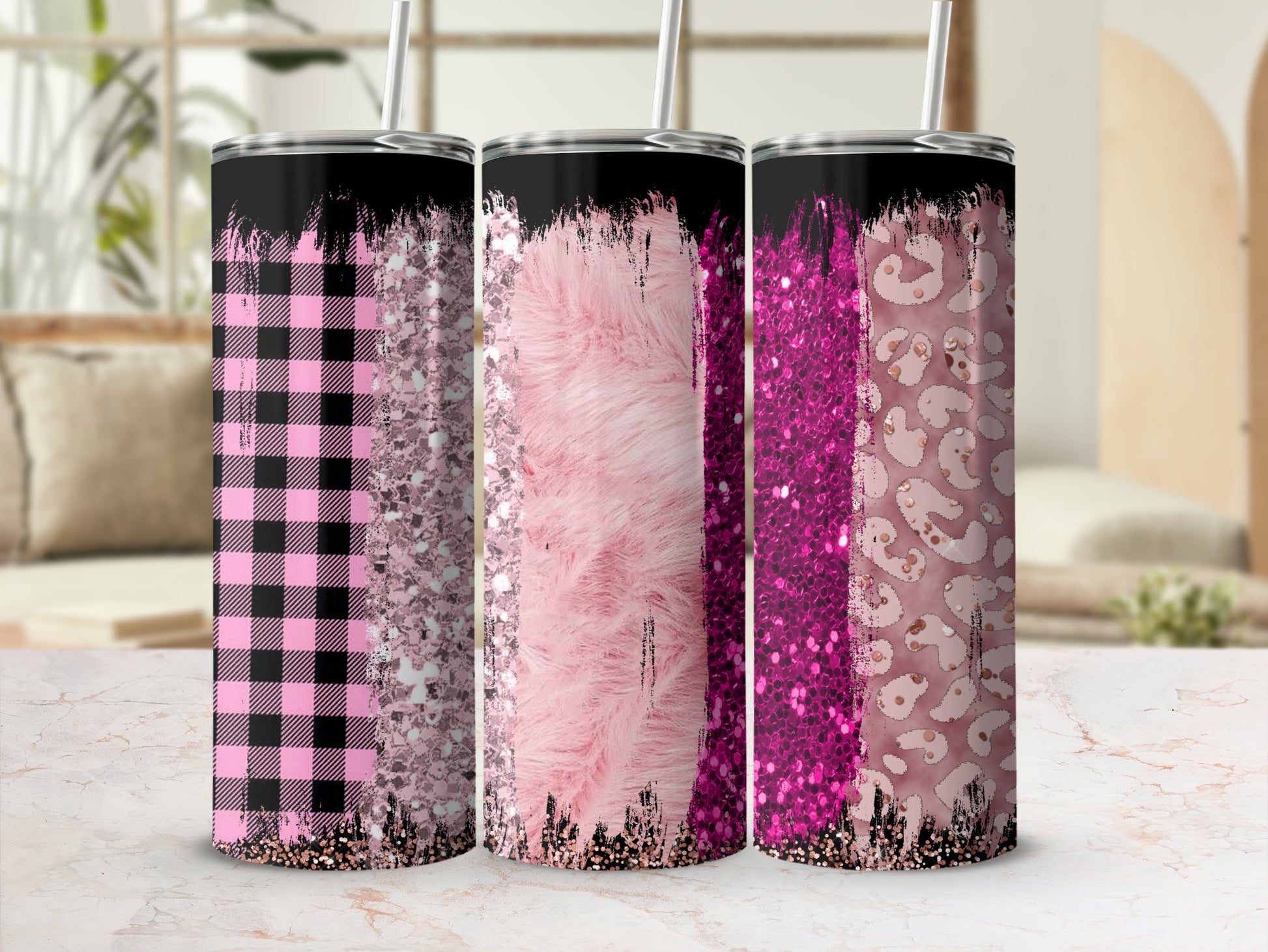 Pink Plaid Faux Fur Leopard Glitter Tumbler product type