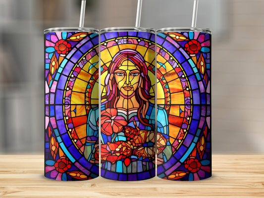 Three stained glass patterned tumblers featuring a woman with flowers in a circular design.
