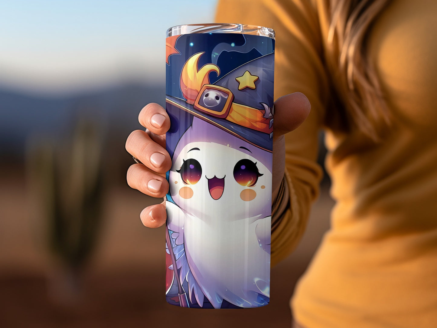 Cute Cartoon Ghost with Witch Hat Stainless Tumbler
