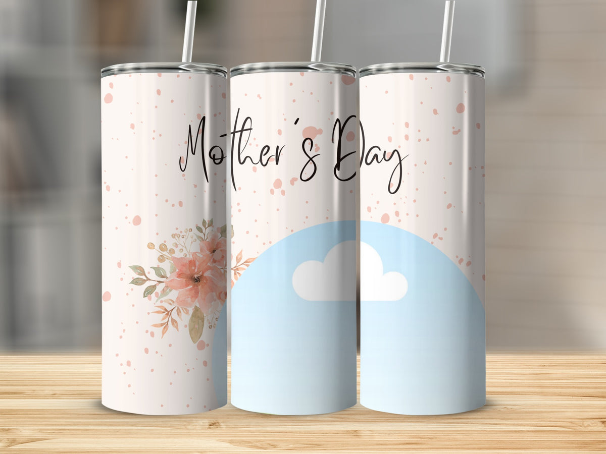 Three tumblers with floral and cloud designs, text reads "Mother's Day."