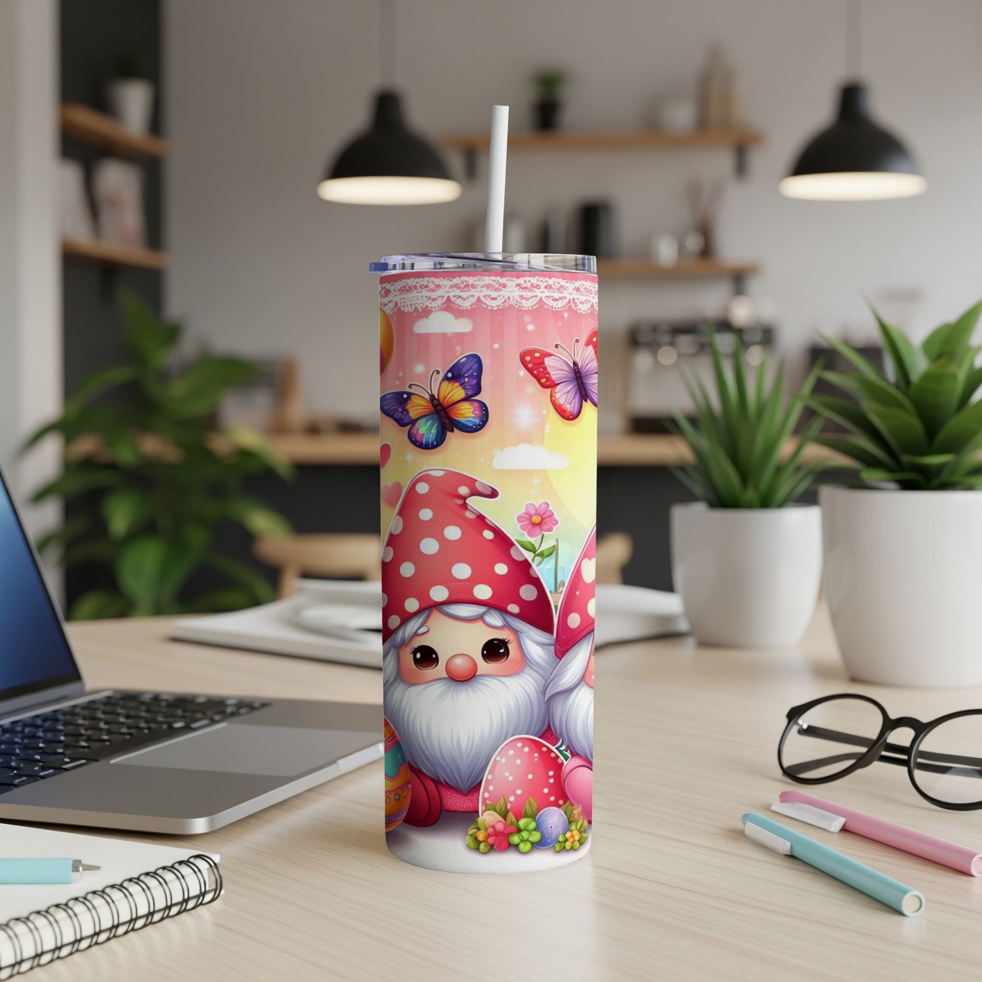 Pink gnome with butterflies and Easter eggs on a tumbler.