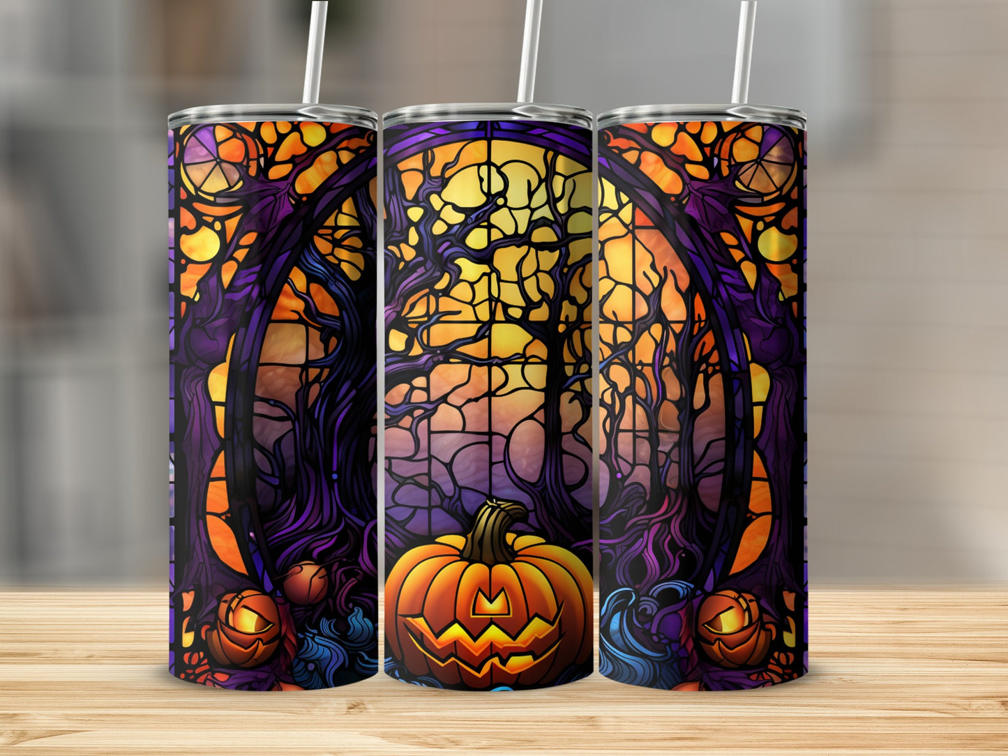 Halloween tumbler with jack-o'-lantern and stained-glass forest design.