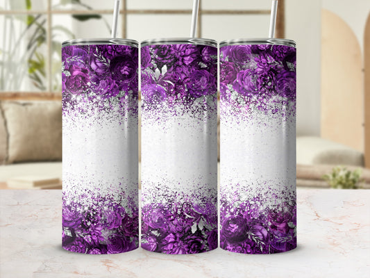 Purple floral glitter pattern on three blank white tumblers.