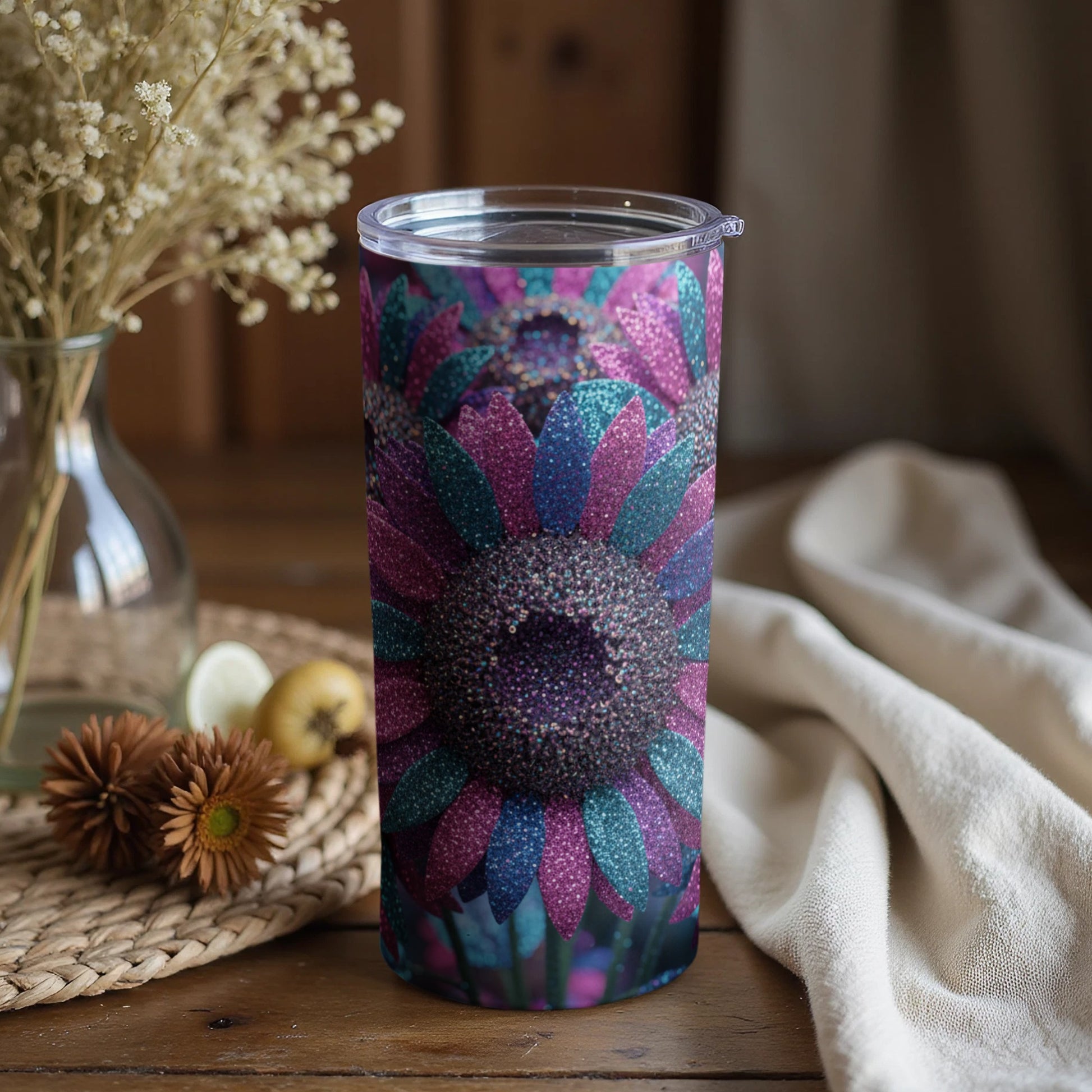 Glittery Colorful Sunflower Design Drinks Tumbler