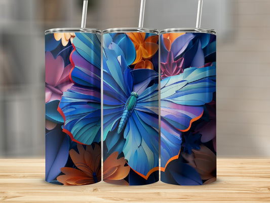 Tumbler with a vibrant blue butterfly and floral pattern.