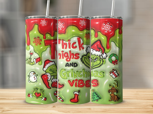 Christmas Grinch Vibes Tall Tumbler with Straw Flask