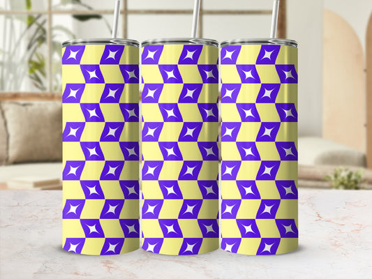 Three purple and yellow geometric pattern tumblers with straws.