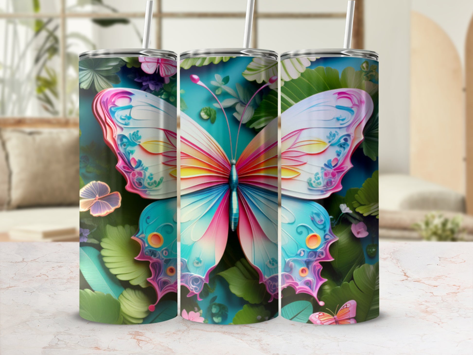 Large iridescent butterfly with colorful wings surrounded by lush green leaves and pink flowers.