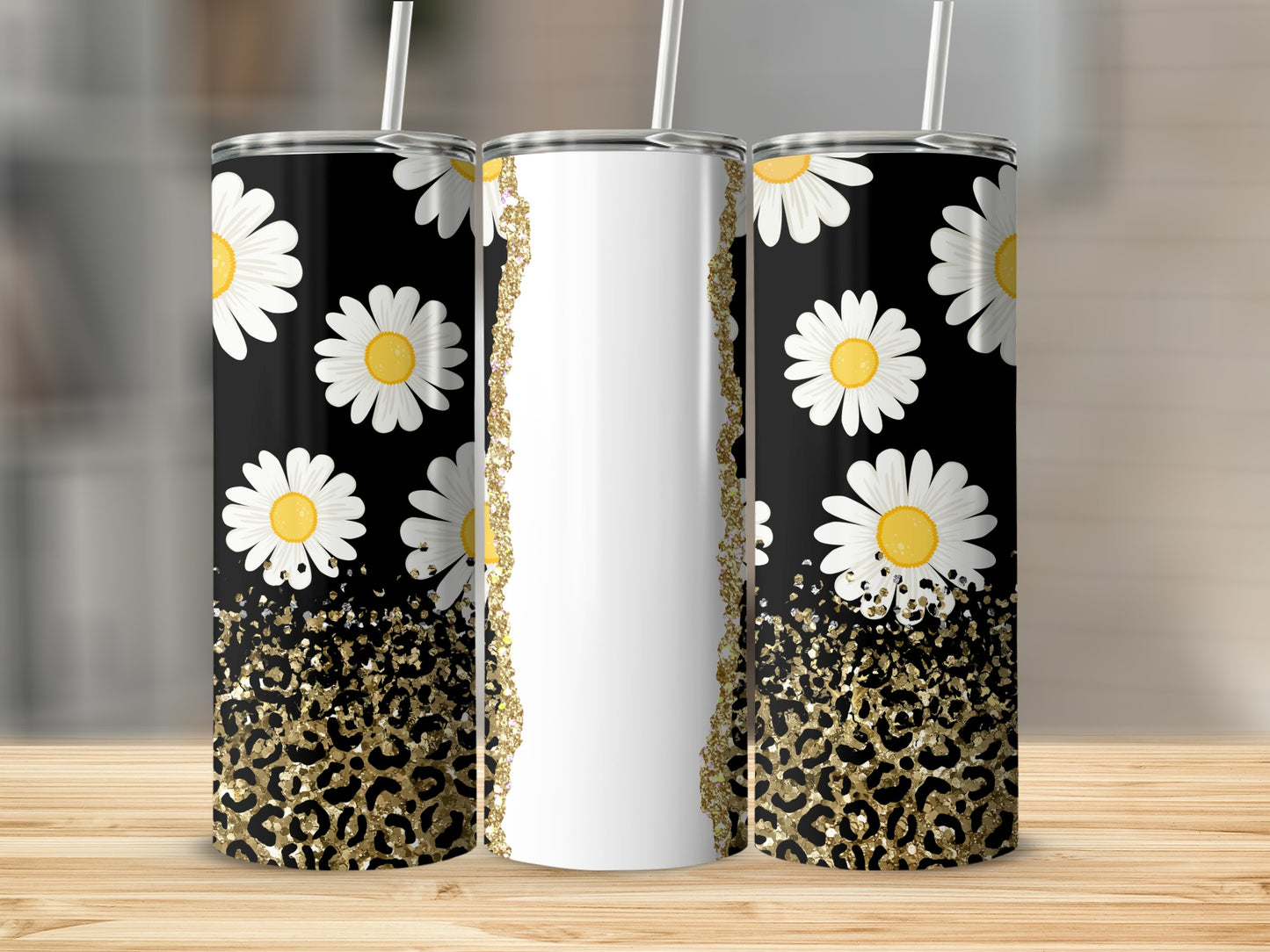 Black tumbler with daisies and gold leopard print.