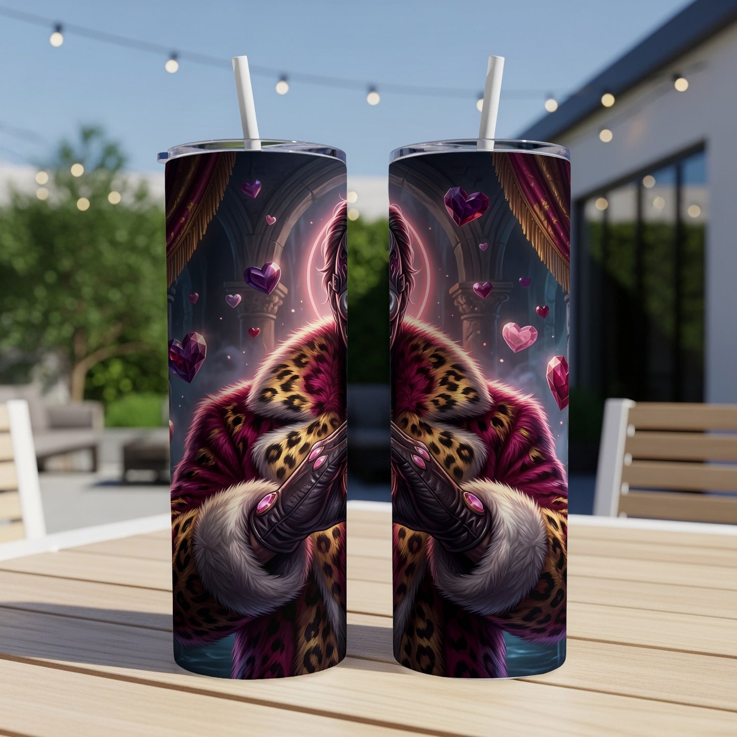 Two tumblers with a leopard print, fur, and gemstone adorned figure design.