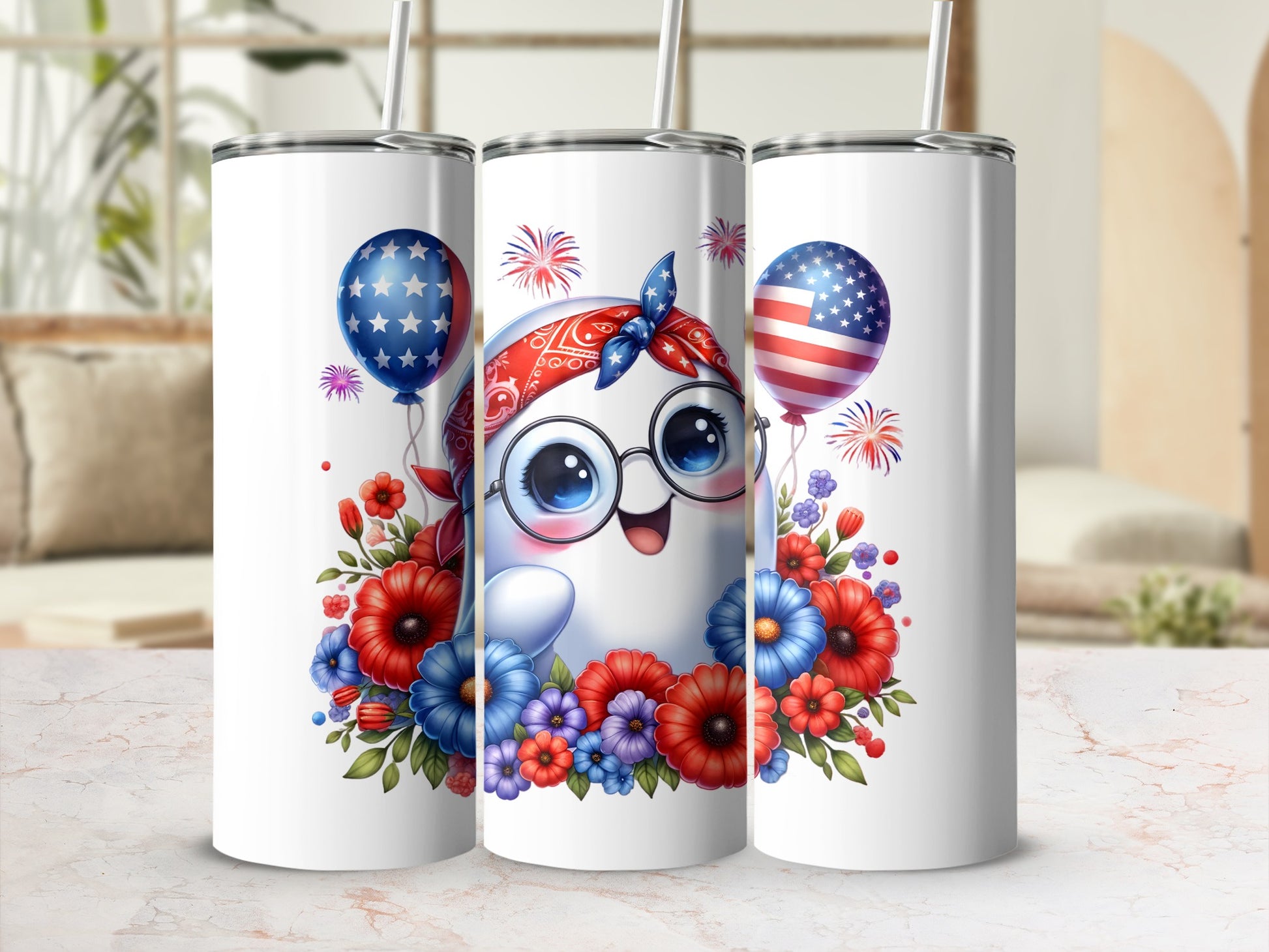 Three tumblers featuring a cartoon ghost with American flag bandana and balloons.