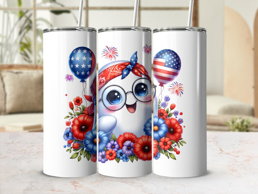 Three tumblers featuring a cartoon ghost with American flag bandana and balloons.