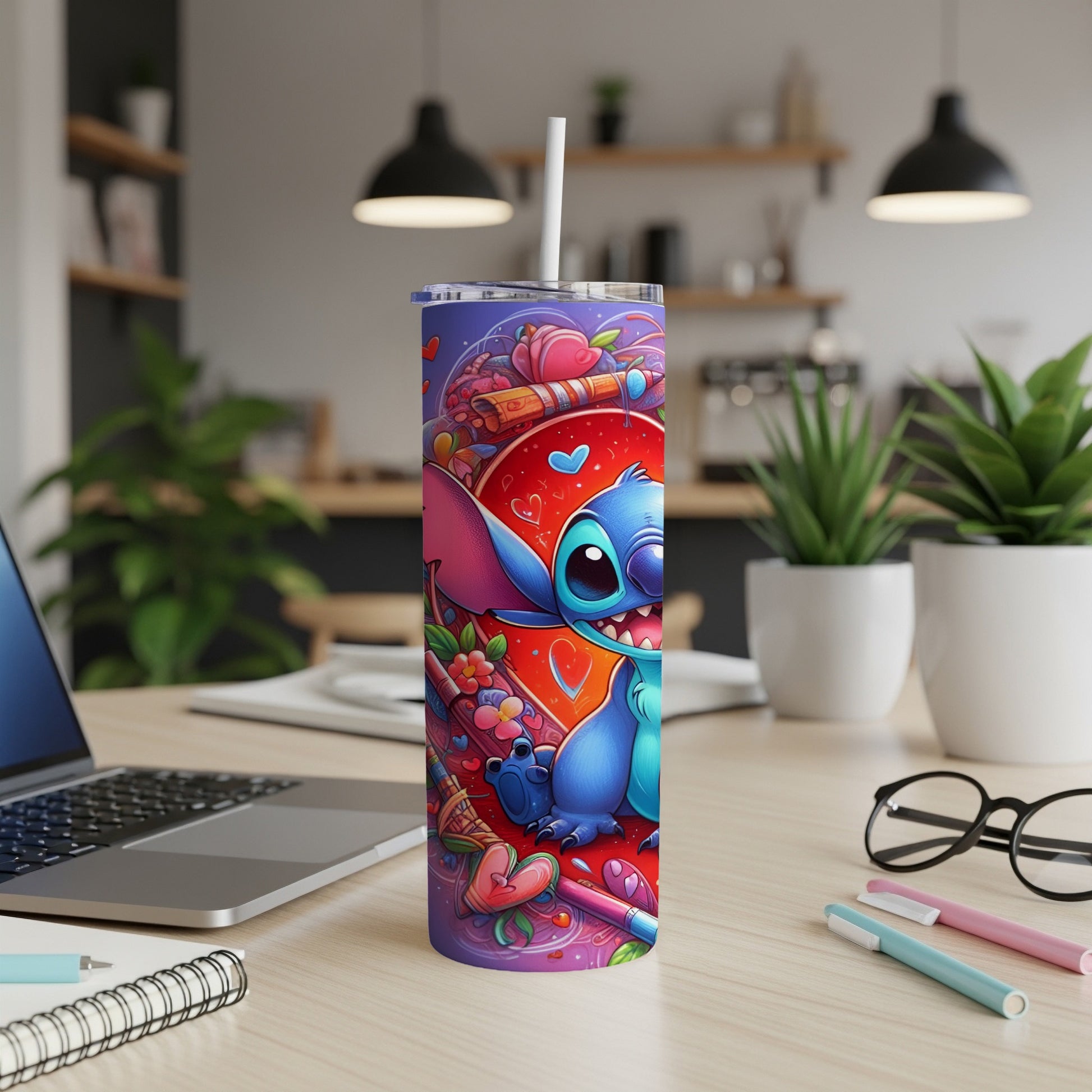 Blue Stitch character on a colorful tumbler with hearts and candy.