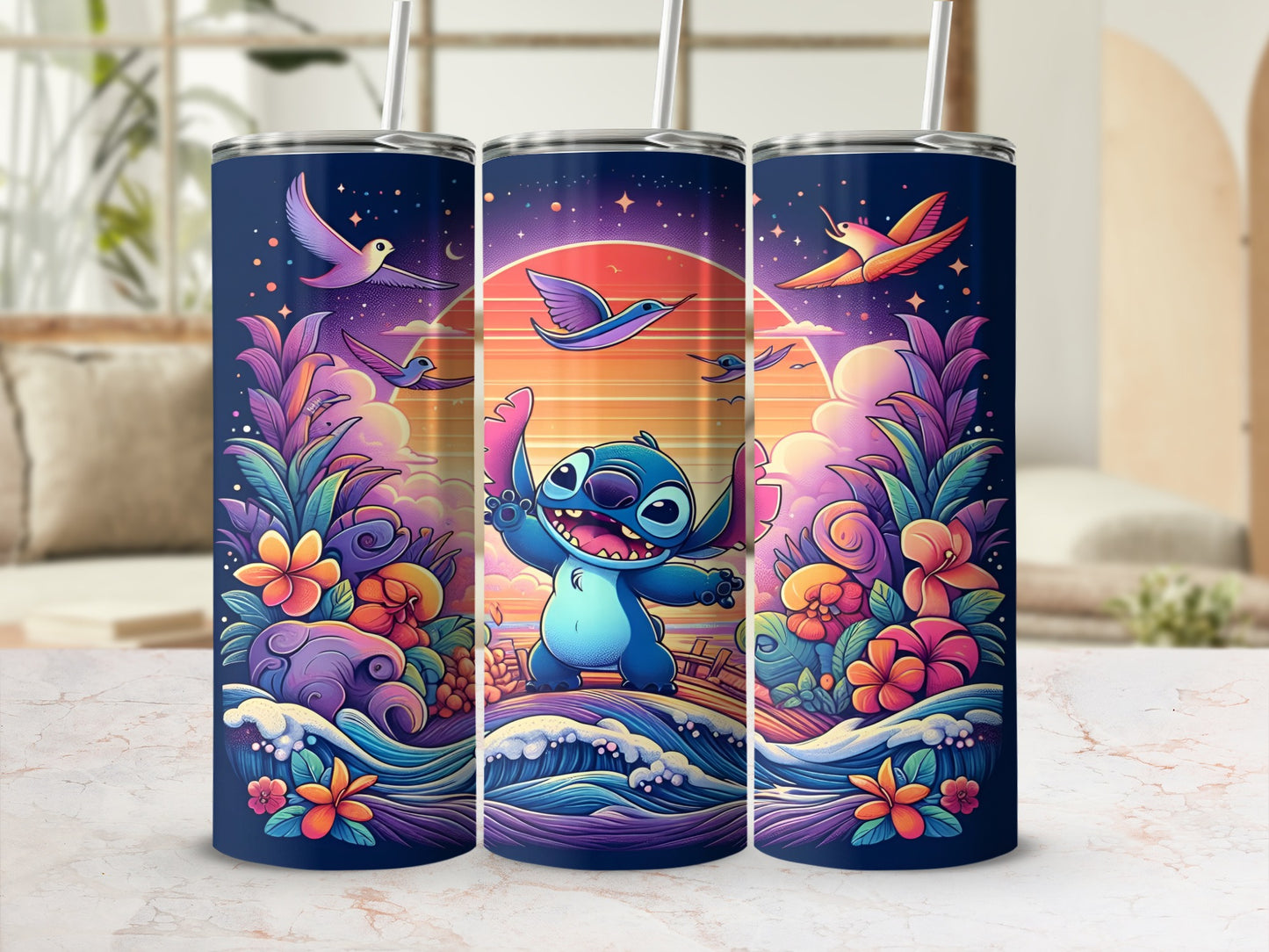 Lilo & Stitch cartoon character on a colorful beach sunset with tropical plants.