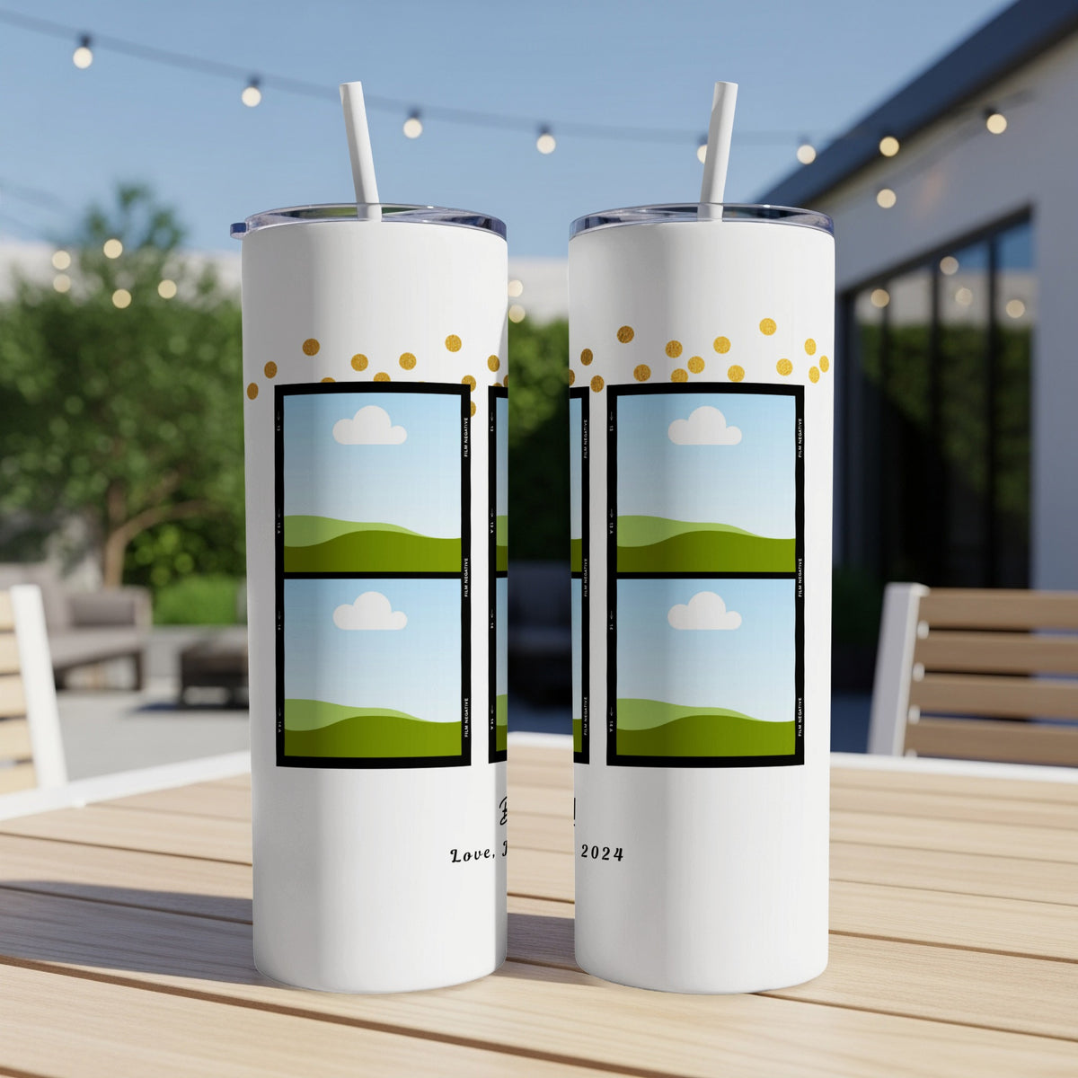 White tumblers with gold polka dots and four-photo film strips, dated 2024.