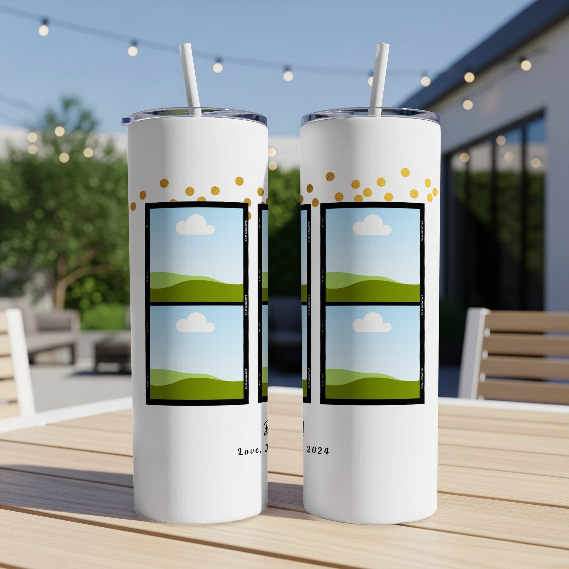 White tumblers with gold polka dots and four-photo film strips, dated 2024.