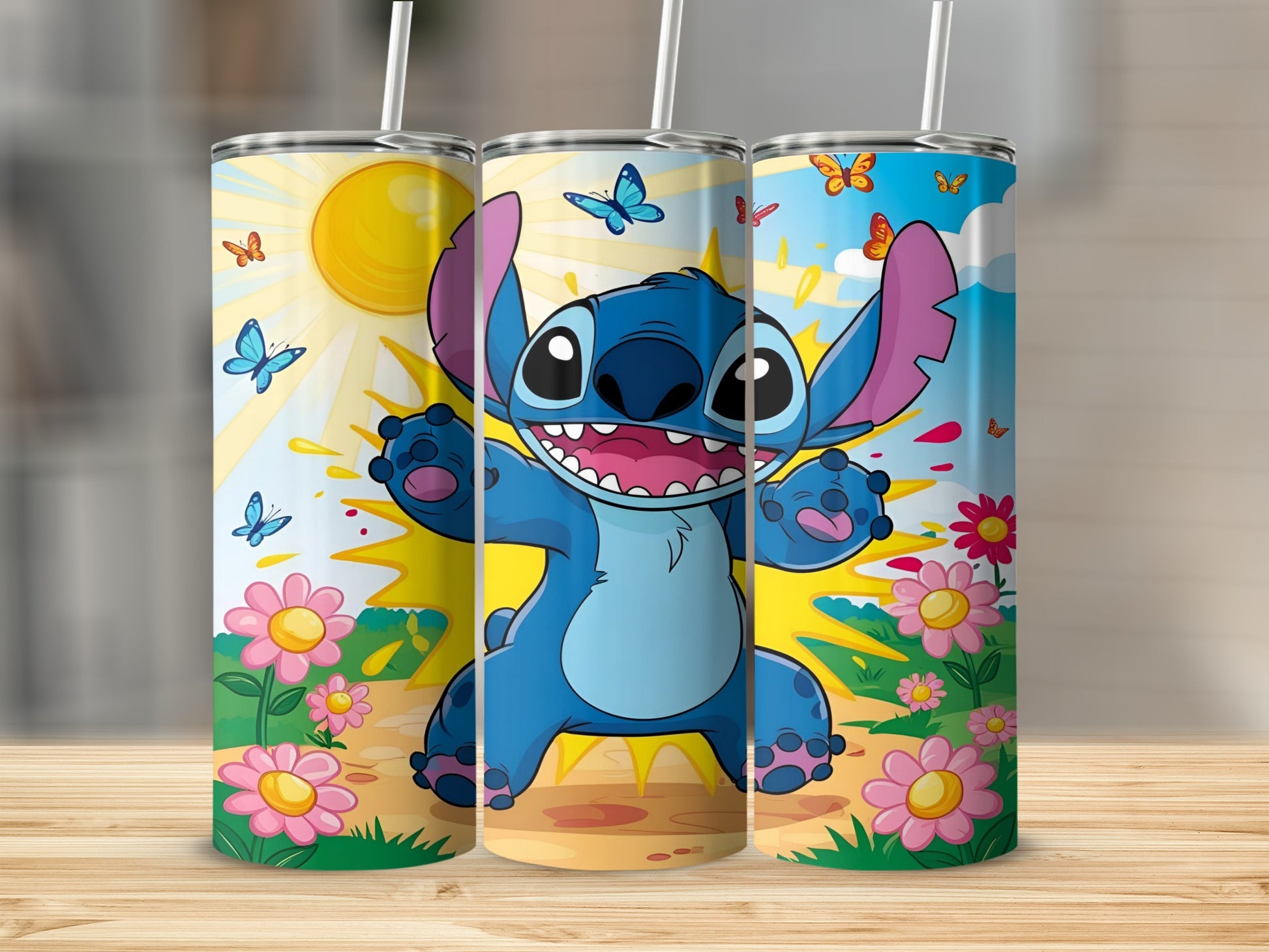 Triptych of a cartoon Stitch character on a sunny day with flowers and butterflies.