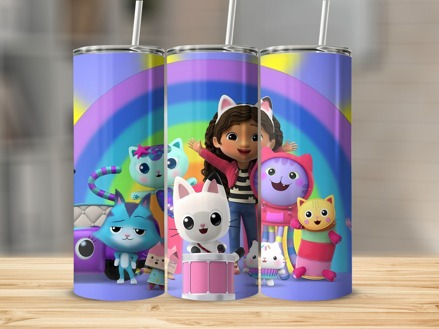 Colorful Animated Characters with Rainbow Background Tumbler