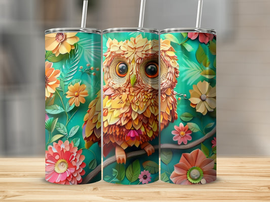 Orange owl with large eyes on a teal floral background.
