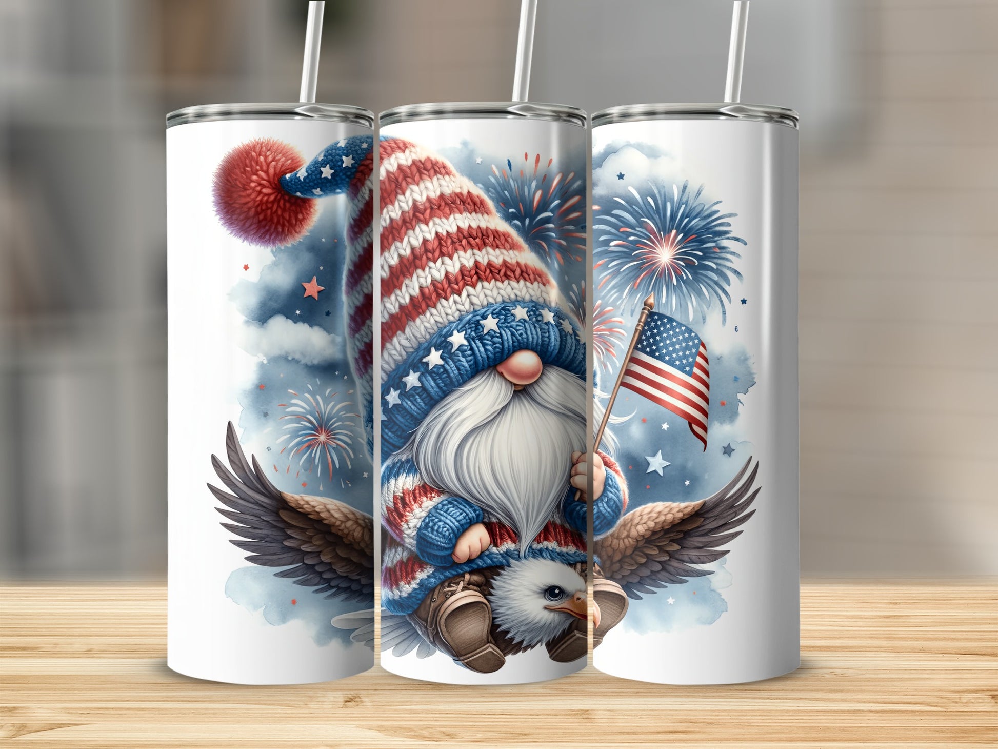 Gnome with American flag and fireworks on eagle's back.