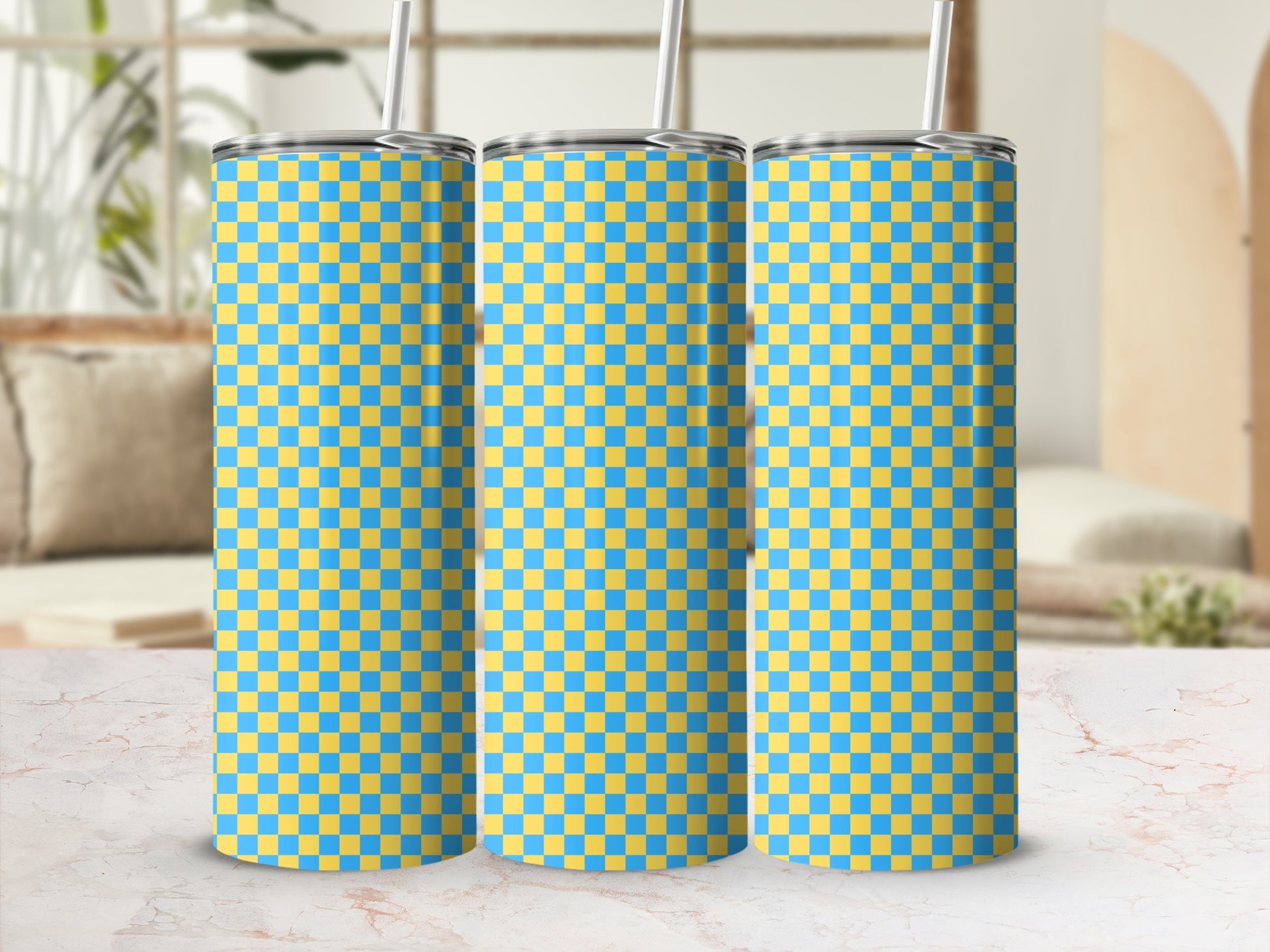 Three tumblers with blue and yellow checkered pattern.