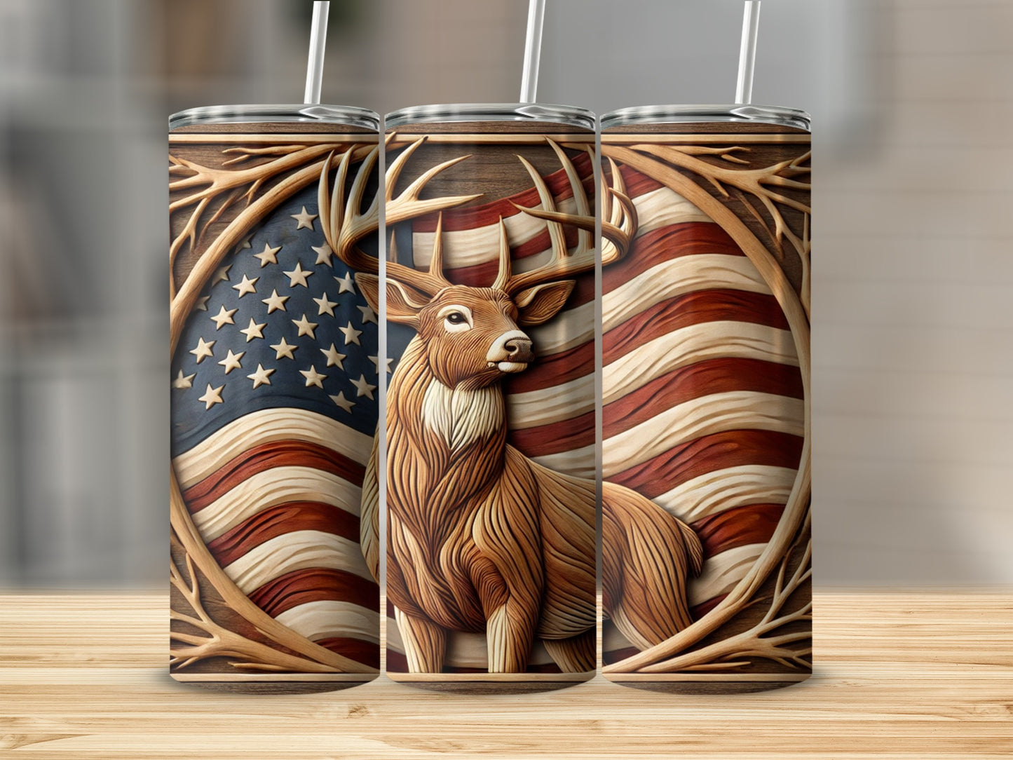 Patriotic American Flag Deer Design Stainless Steel Tumbler