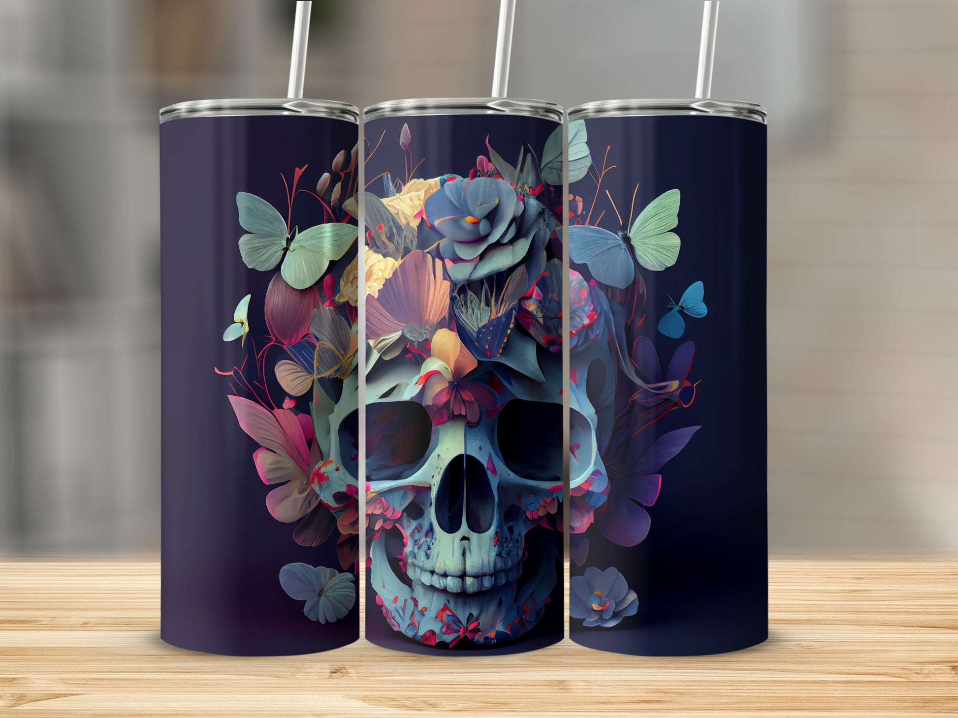 Vivid Skull and Butterfly Design Vacuum Insulated Tumbler