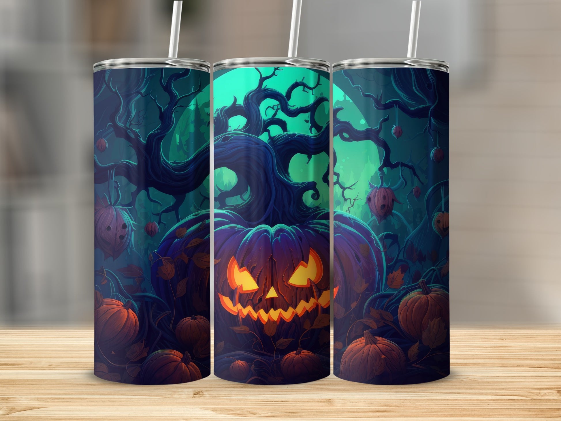 Halloween tumbler with a spooky jack-o'-lantern and gnarled trees design.