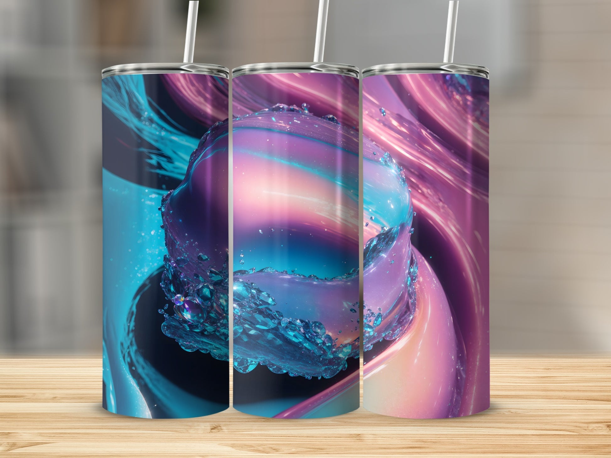 Three tumblers with swirling iridescent abstract art and water droplets.