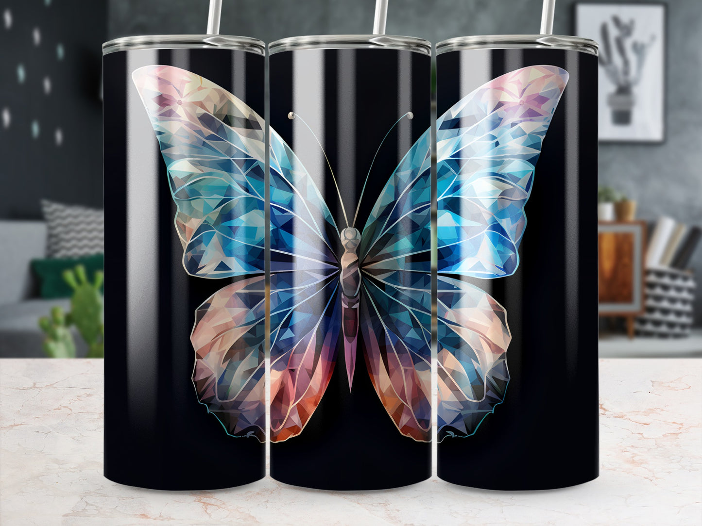 Black tumbler with a geometric butterfly design.