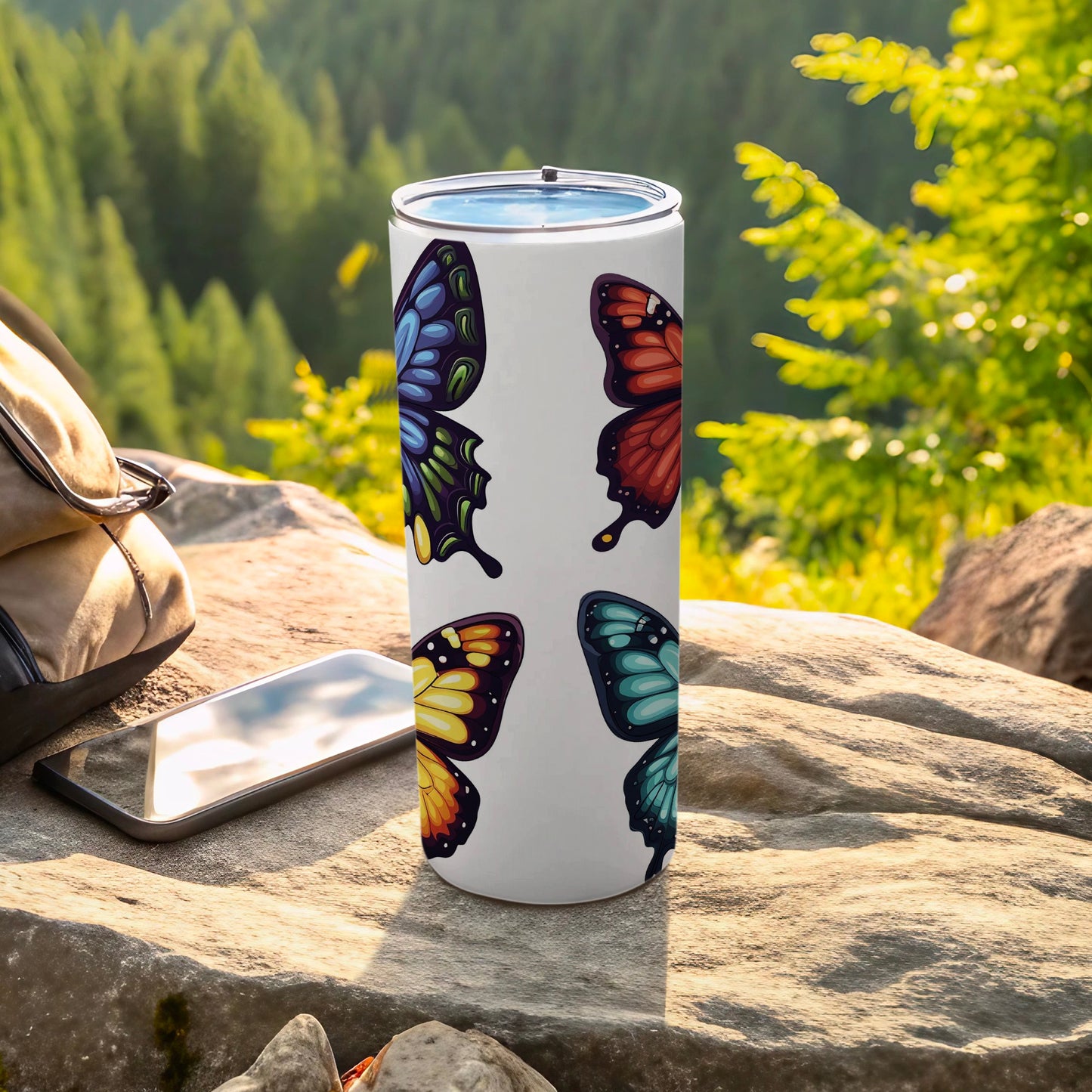 Whimsical butterfly wings nature scene travel mug product type