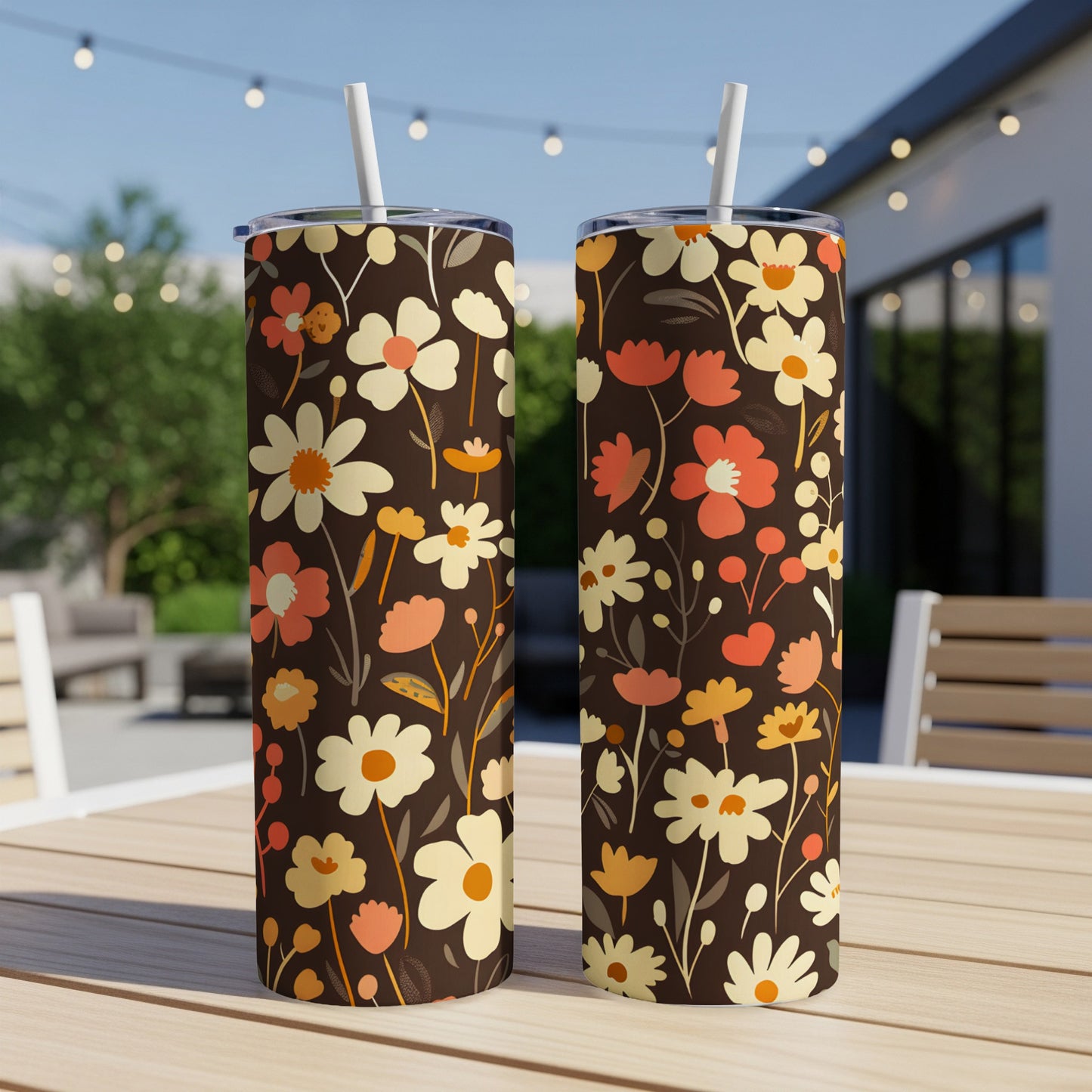Two dark brown tumblers with a retro floral pattern of cream, orange, and yellow flowers.
