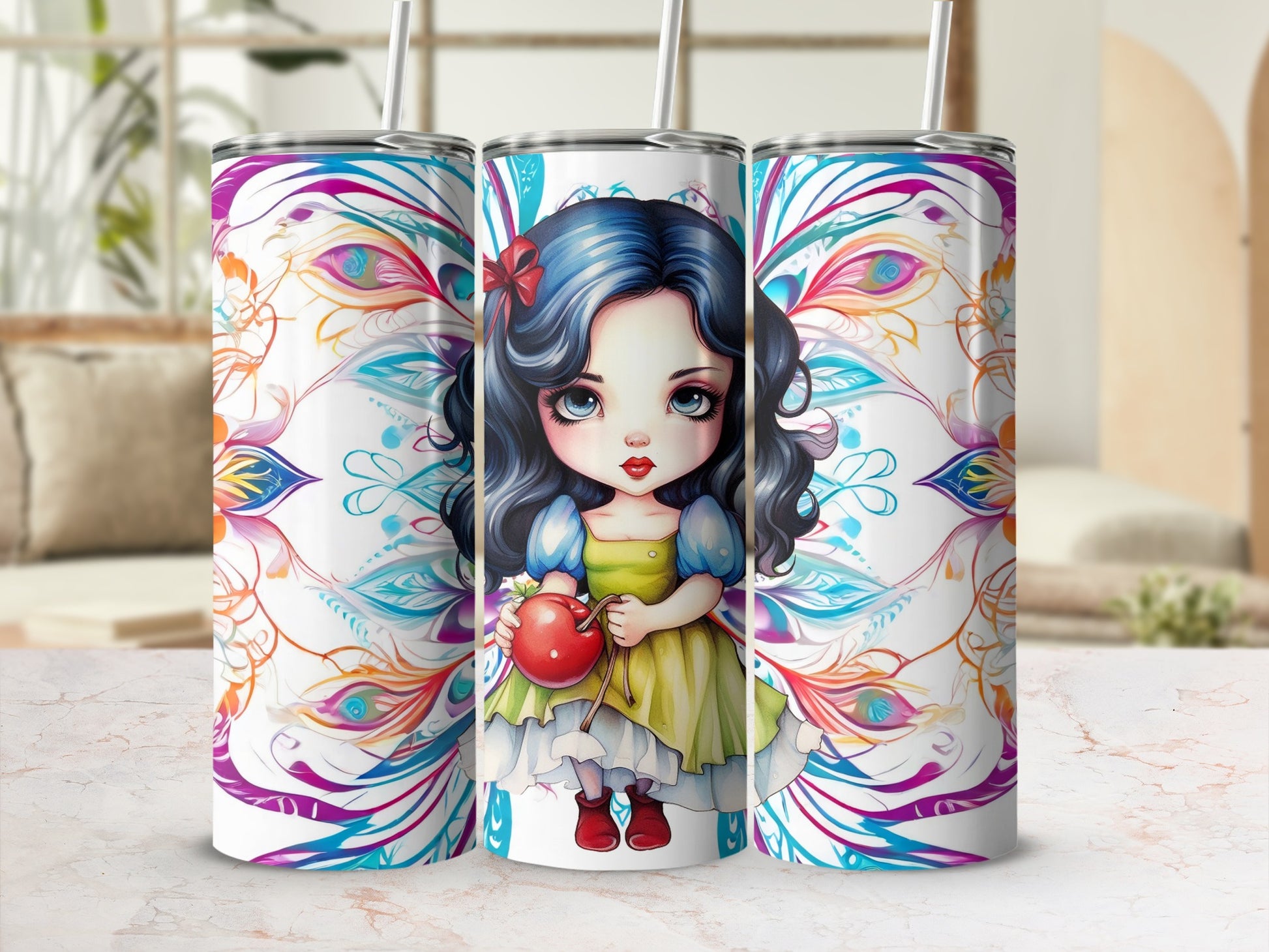 Colorful Floral Design Tumblers with Cute Girl Illustration