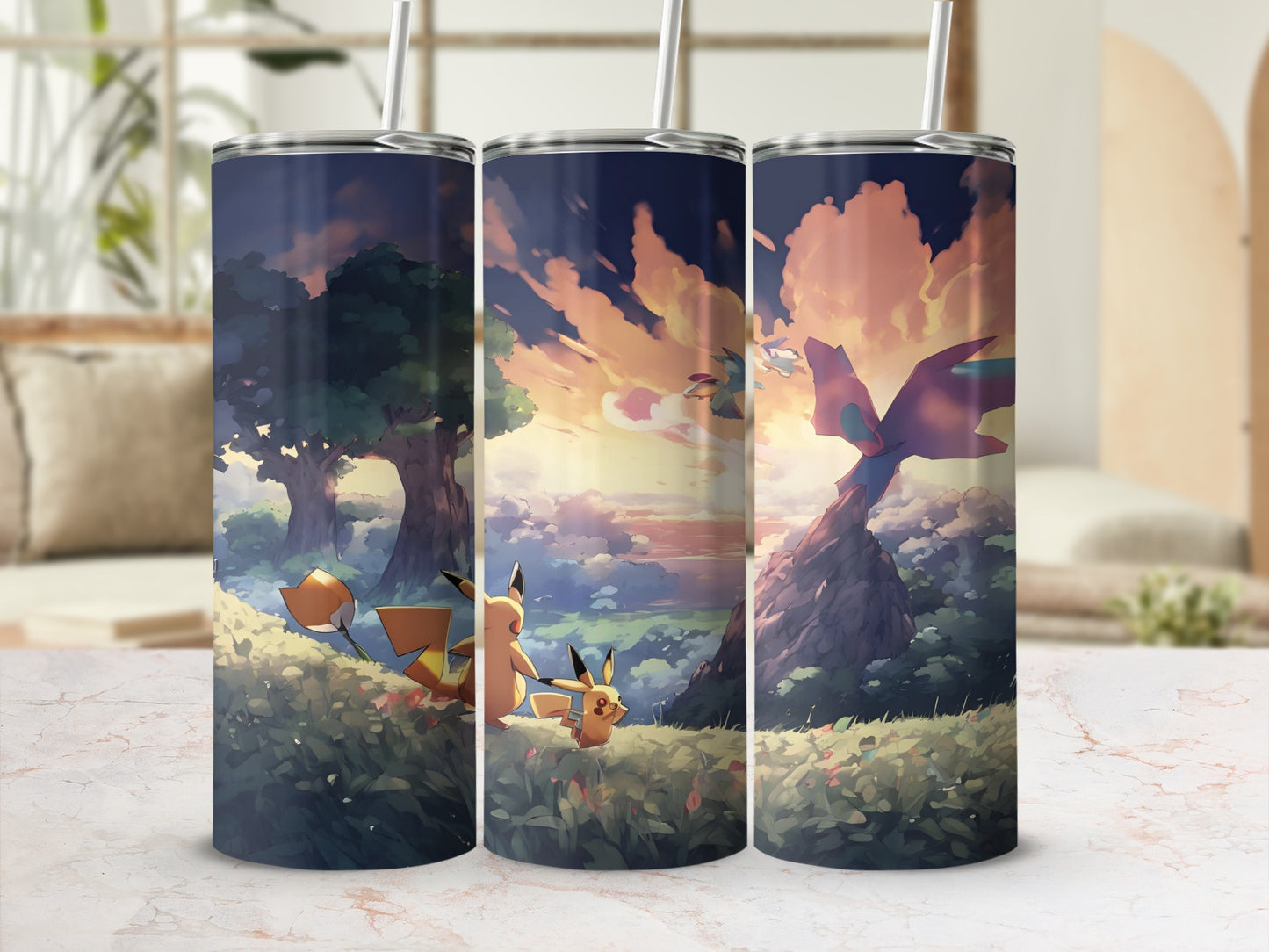 Pikachu and Charmander in a grassy field at sunset.