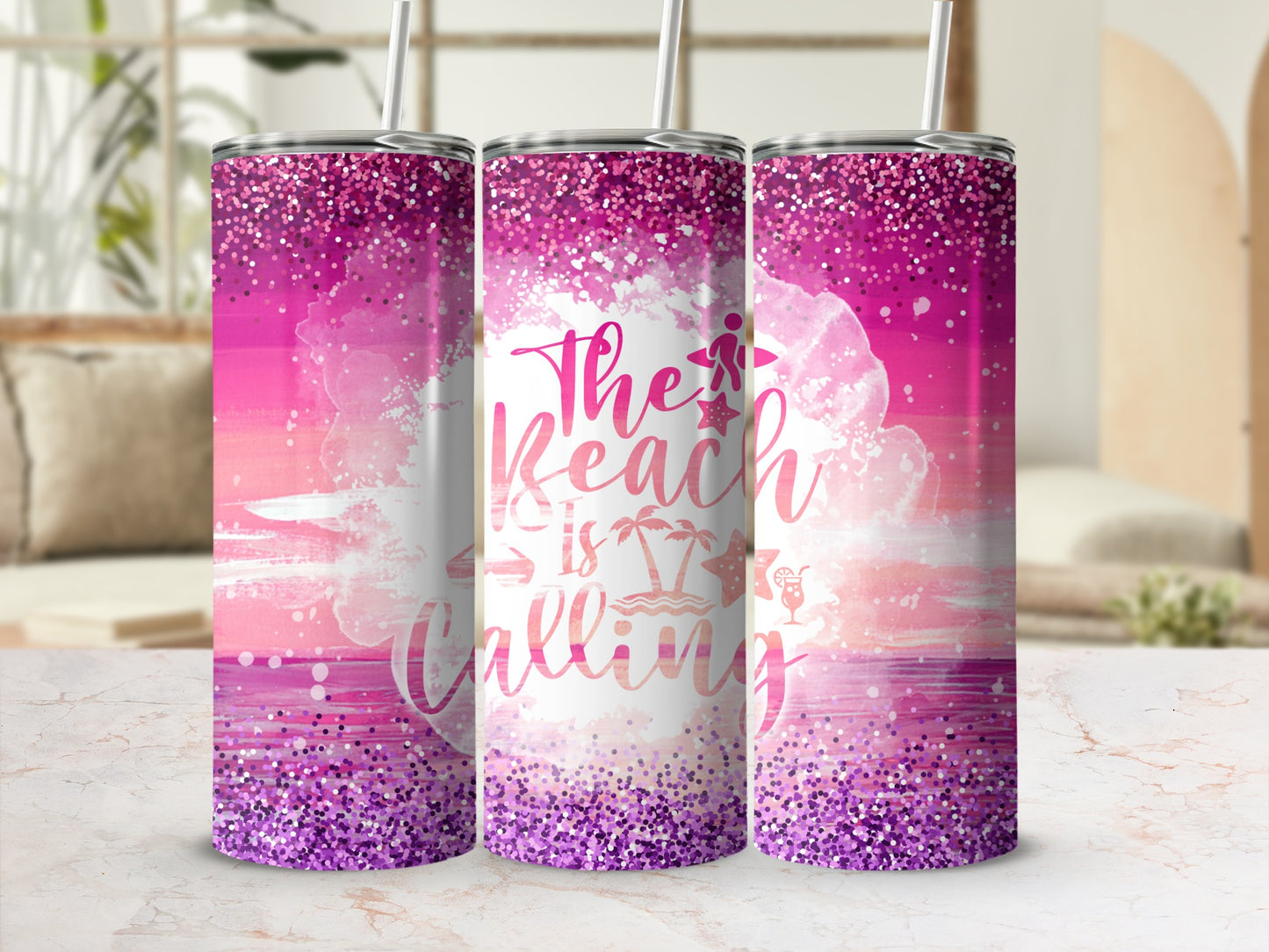Pink glitter tumbler with "The Beach Is Calling" text and beach scene.