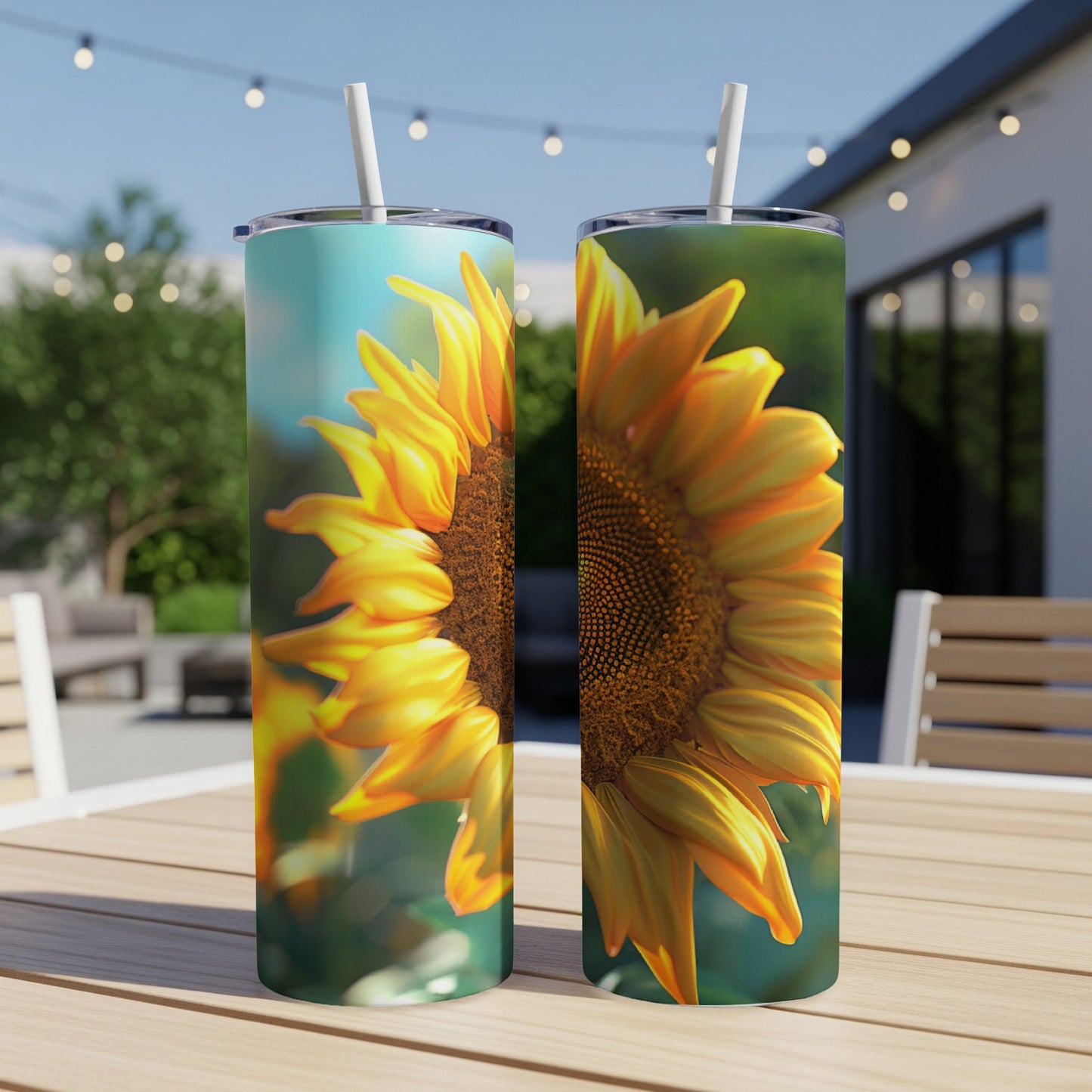 Two tall tumblers with a close-up sunflower design on a patio table.