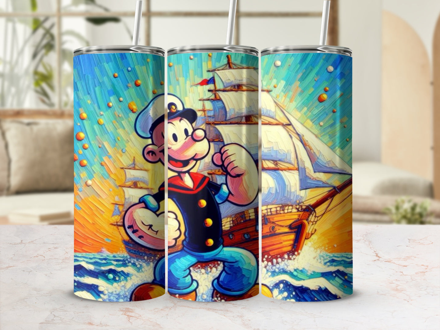Vibrant Sailor Cartoon with Ship Art Tumbler Cup