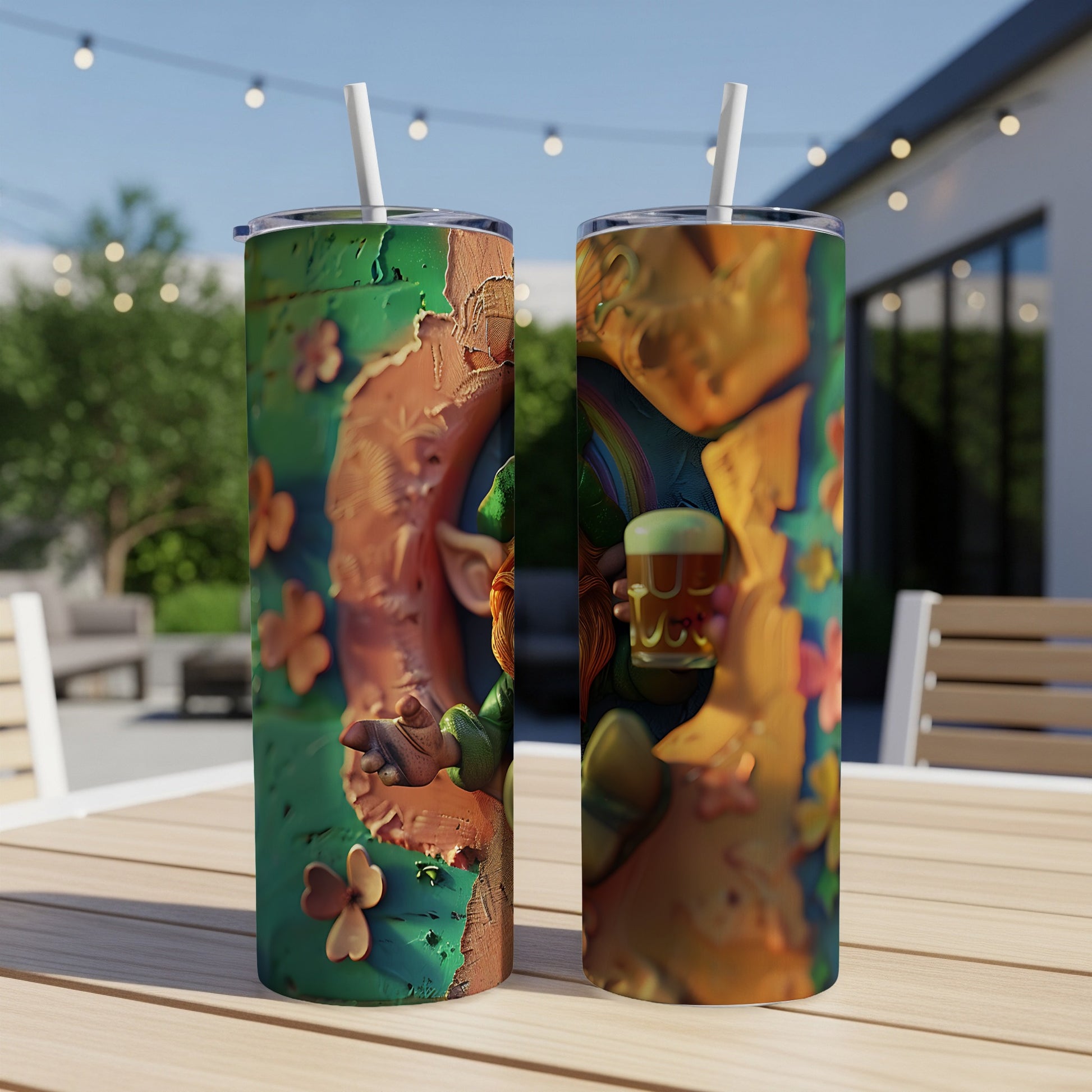 St. Patrick's Day tumbler with leprechaun and shamrocks.