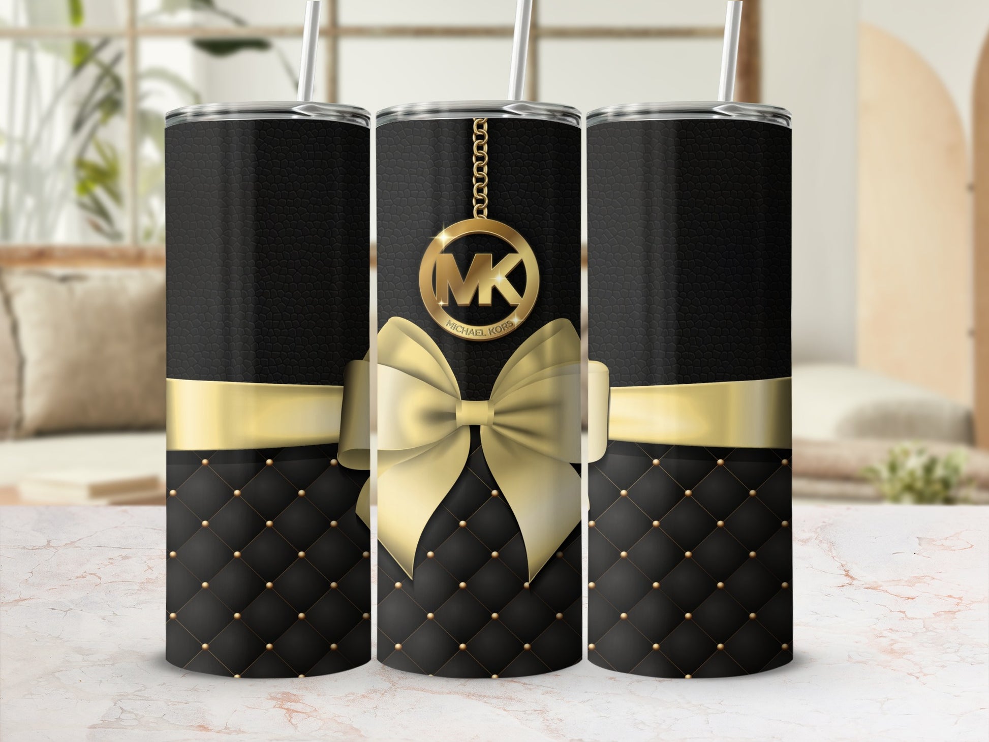 Elegant Black and Gold Tumbler with Bow Design