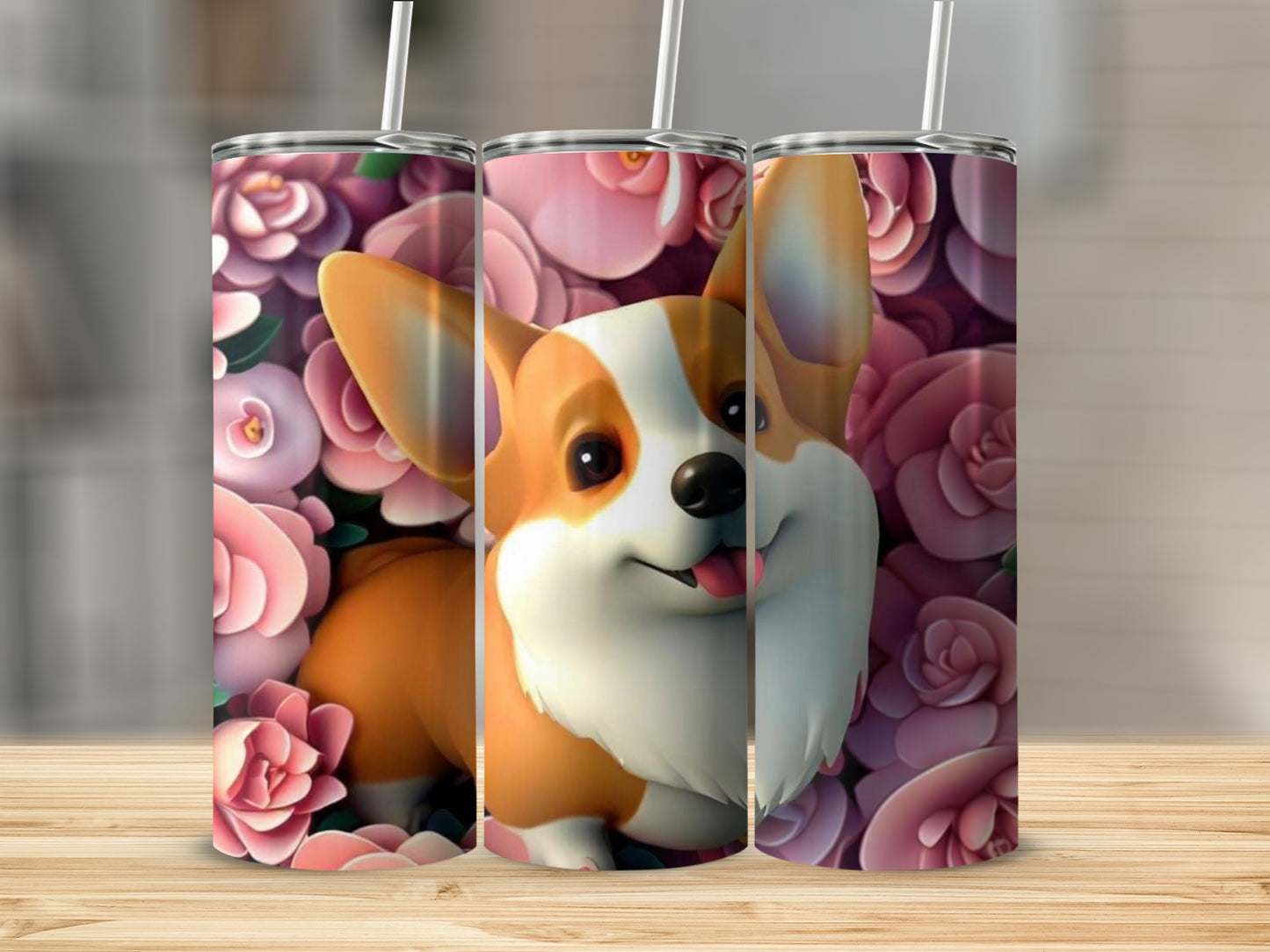 Adorable Corgi and Pink Roses Design Tumbler